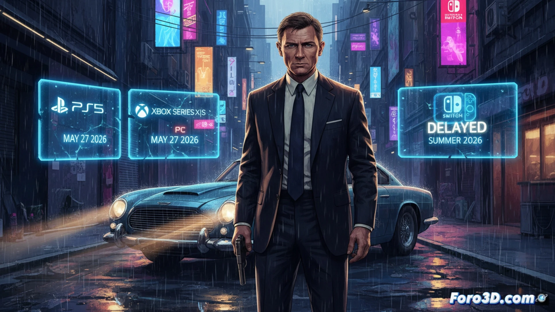 Un cartel de 007 First Light con un sello rojo de 'retrasado' sobre el logo de Switch 2.