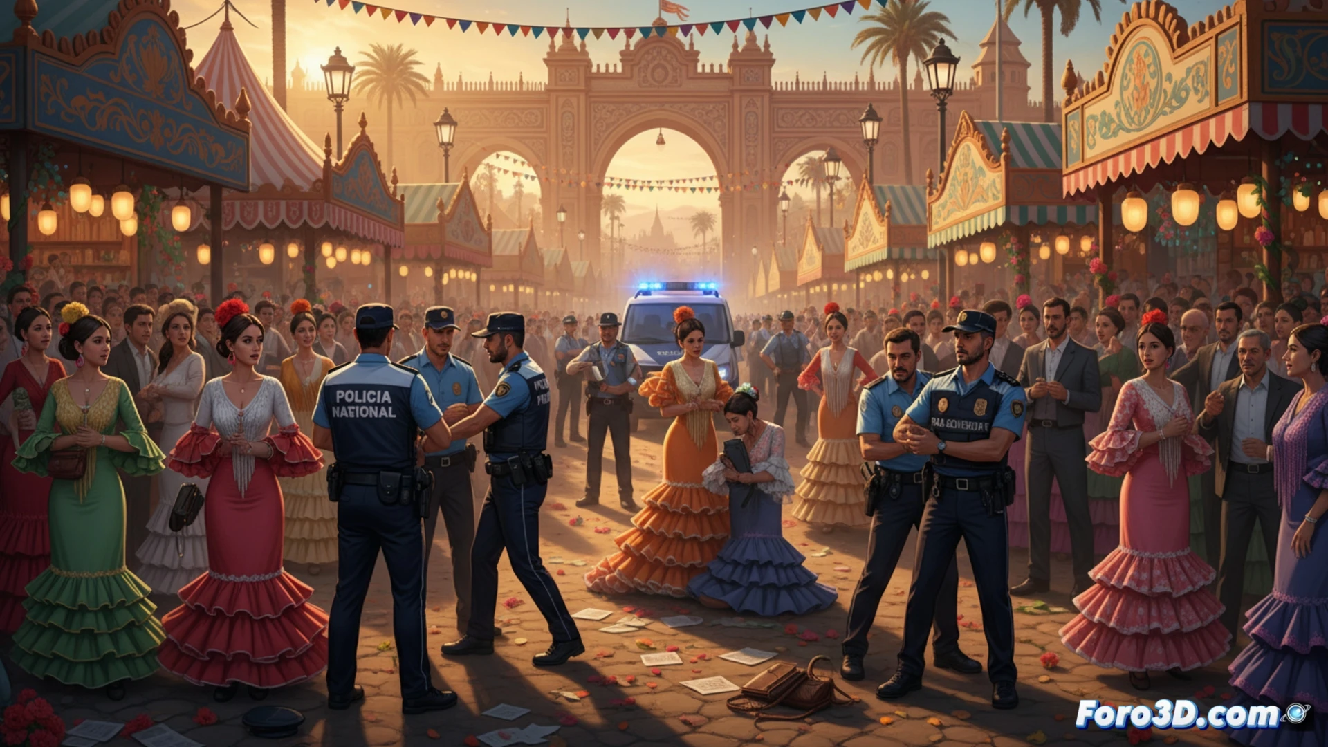 Imagen nocturna del real de la Feria de Abril, con casetas iluminadas y gente. En primer plano, dos agentes de Policía Nacional esposan a un detenido, mientras otros miran. El albero refleja luces de colores, contrastando la fiesta con la intervención policial.