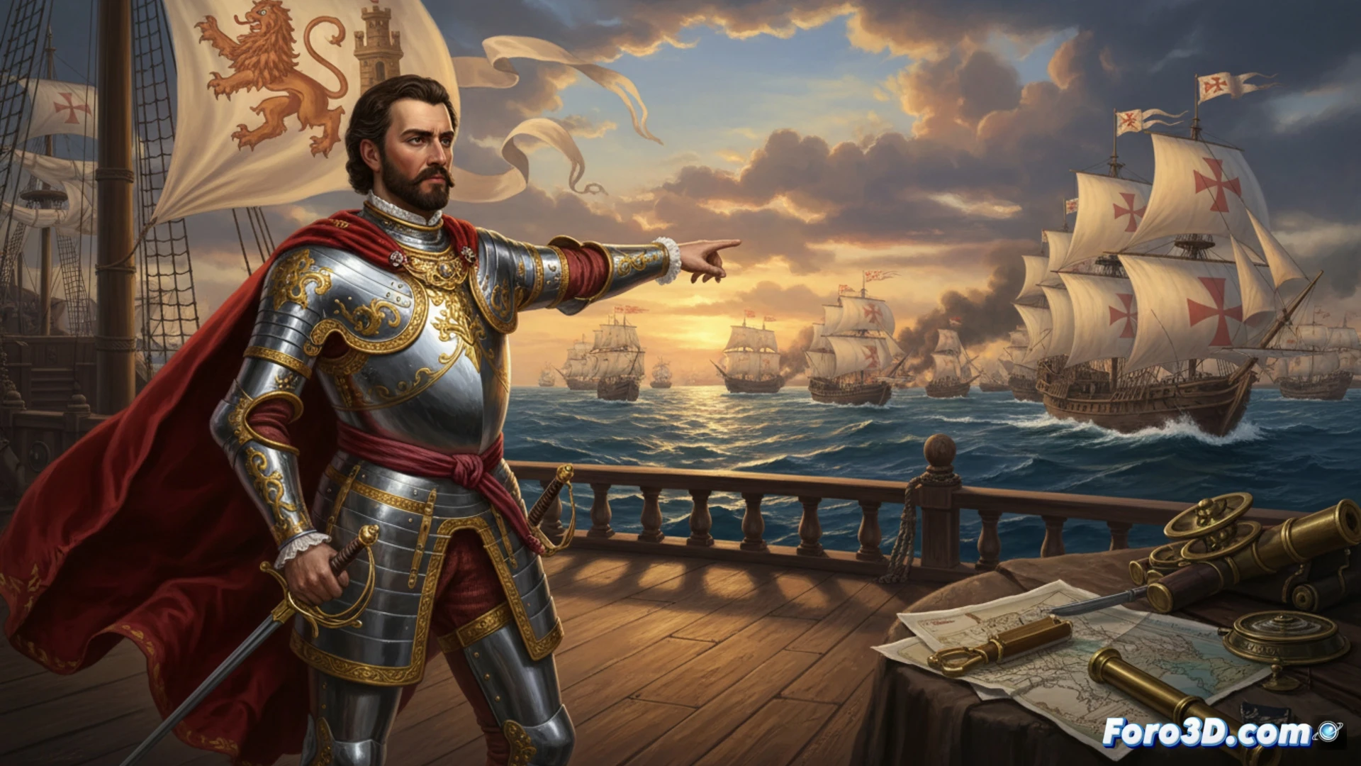 Retrato de Álvaro de Bazán, marino del XVI, con galeones de fondo y medalla conmemorativa de 2026.