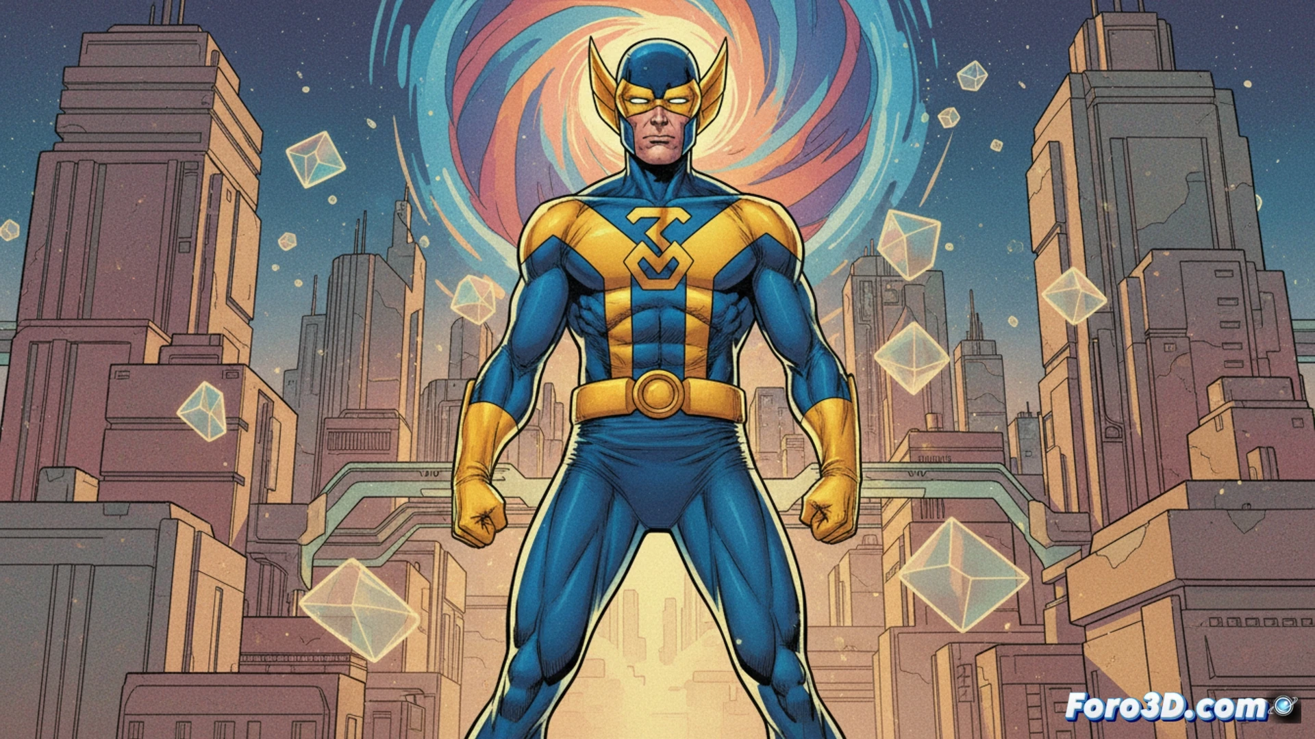 Un héroe en traje azul y amarillo, con visión tridimensional, posando en un cómic de los años setenta.