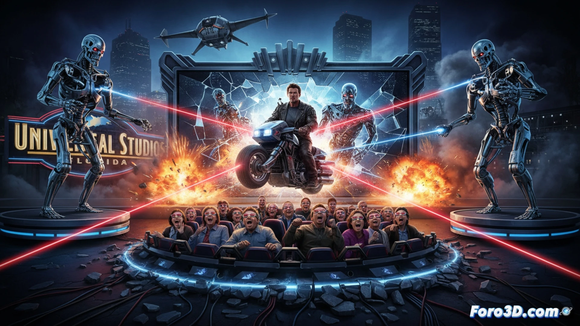 Arnold Schwarzenegger como Terminator en escenario 3D con humo, luces y público asombrado en Universal Studios.