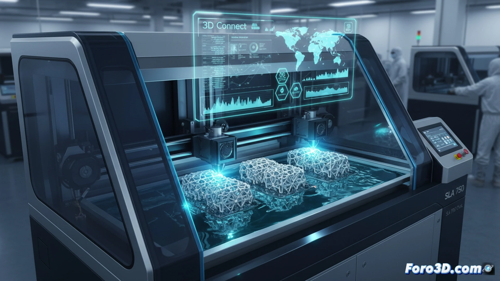 Impresora SLA 750 Dual de 3D Systems con dos láseres, enfocada en la producción industrial a gran escala.