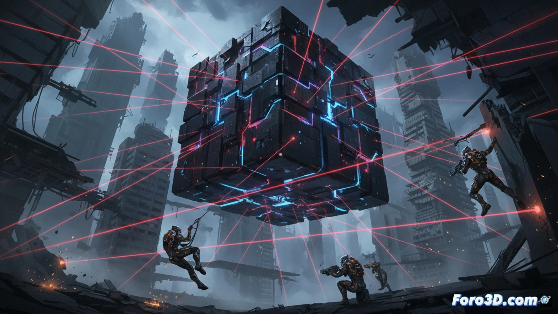 Un cubo metálico emite rayos láser rojos que cubren todo el mapa, mientras jugadores esquivan para no caer noqueados.