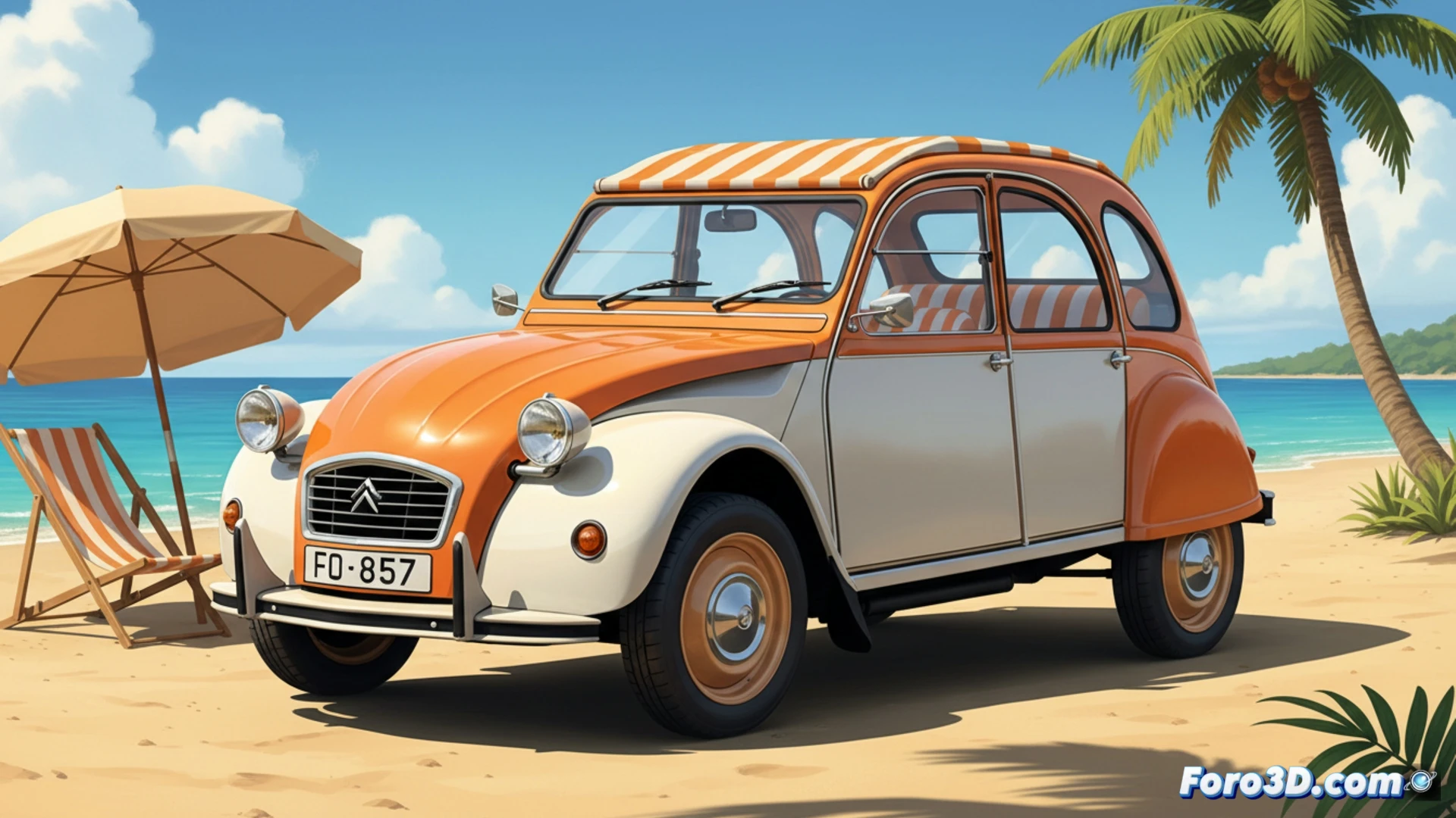Imagen del 2 CV Spot naranja y blanco de 1976, con capota rayada y detalles de tumbona de playa, sobre fondo retro.