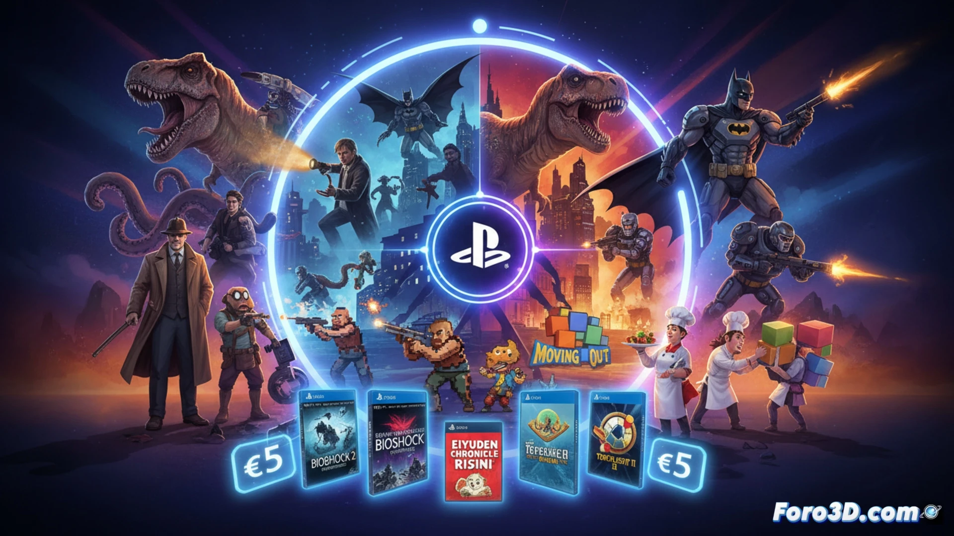 Imagen con 50 juegos de PS4 y PS5 apilados en oferta, precios bajo 5 euros, fondo azul PlayStation Store.
