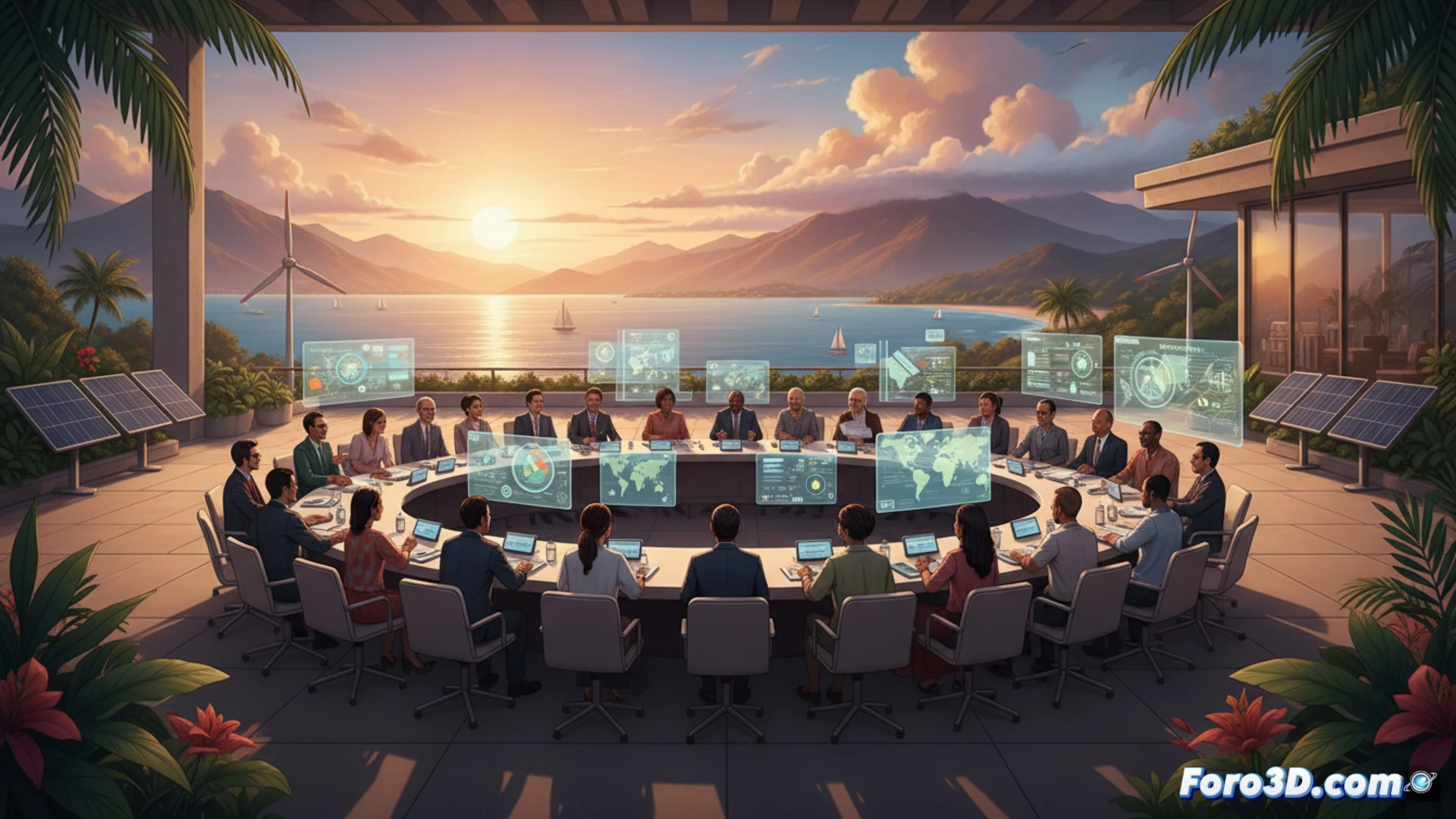 Una vista aérea de Santa Marta, Colombia, con delegados de 50 naciones reunidos bajo una gran carpa blanca frente al mar. Sobre una mesa central, un mapa mundial marcado con rutas de energía renovable y un documento titulado 'Hoja de Ruta' simboliza el acuerdo para abandonar los combustibles fósiles. Al fondo, el sol se pone sobre la Sierra Nevada, iluminando el horizonte con tonos dorados y verdes, mientras pequeños iconos de paneles solares y turbinas eólicas decoran el borde de la imagen.