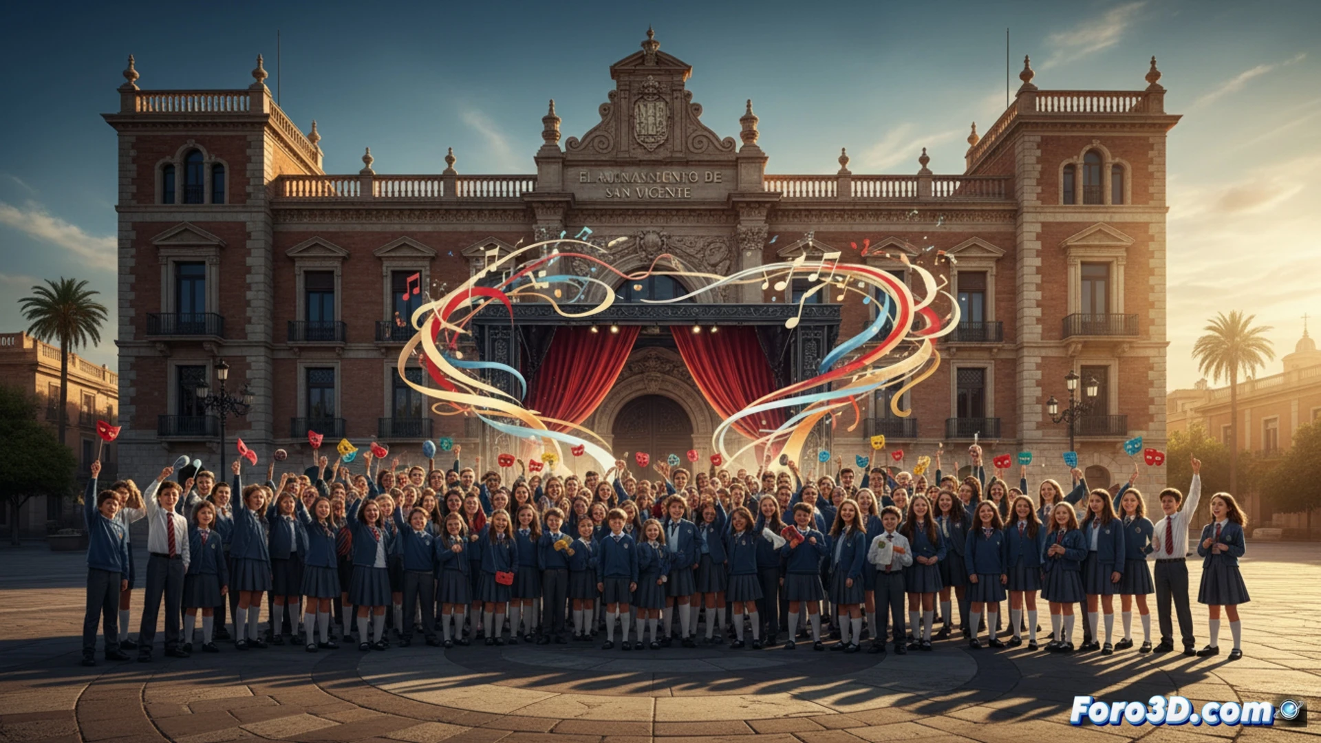 Estudiantes de San Vicente actúan en un escenario iluminado, imitando artistas famosos con micrófonos y coreografías grupales.