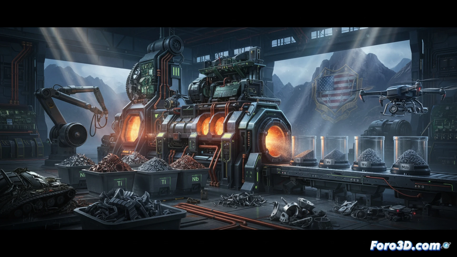 Una máquina industrial recicla polvos metálicos brillantes en una instalación de alta tecnología.