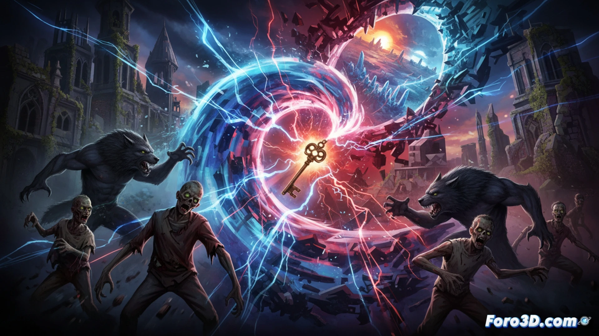 Un zombie digital emerge de un portal púrpura, con geometría 3D y destellos de energía sobrenatural.