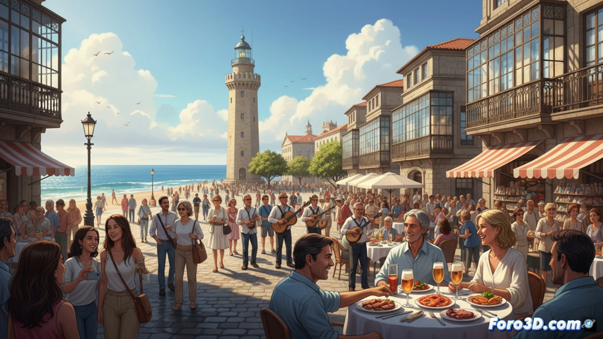 Una multitud pasea bajo un sol primaveral por el paseo marítimo de A Coruña, con la Torre de Hércules al fondo.