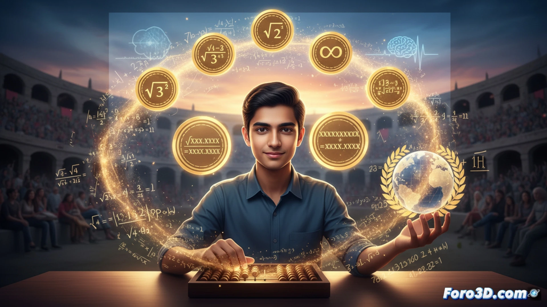 Un joven concentrado frente a un Soroban, con números y fórmulas flotando a su alrededor en un aura de luz.