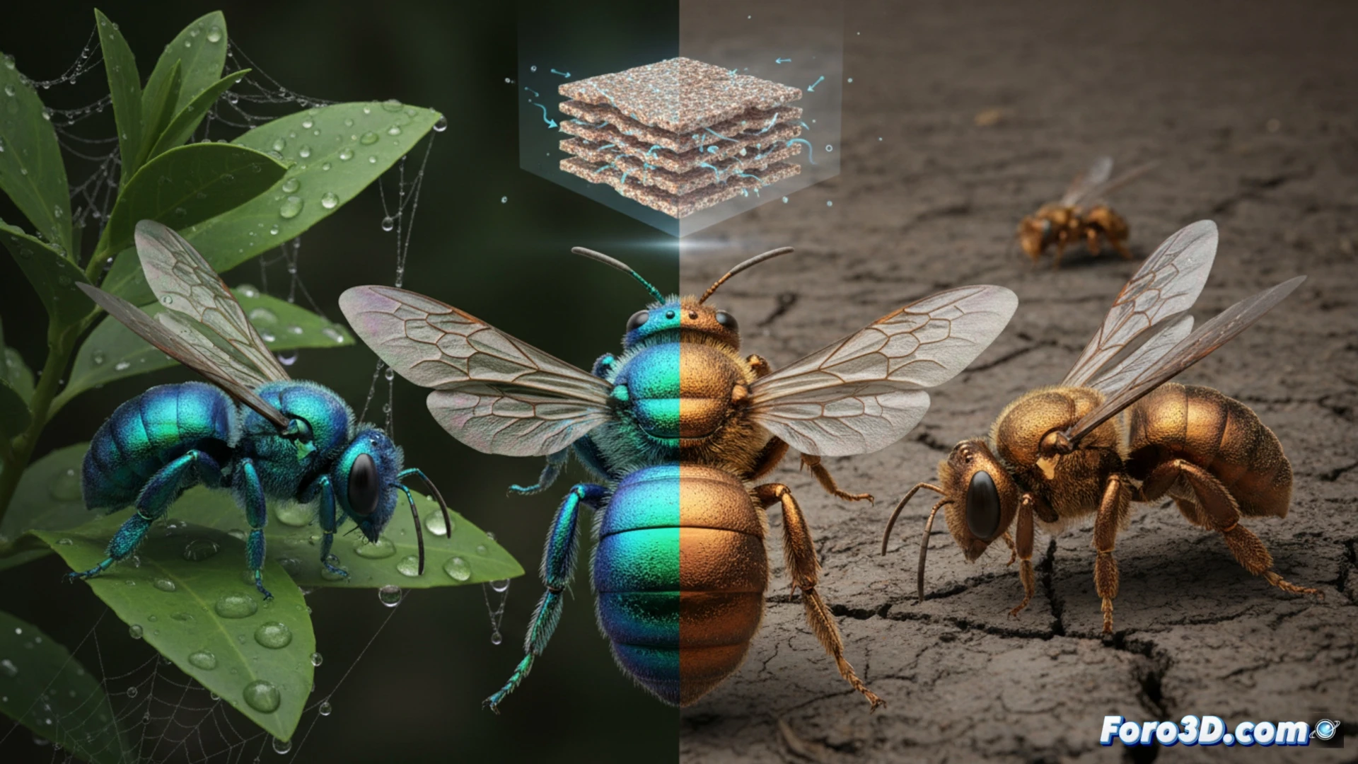 Animación 3D de abeja Agapostemon subtilior cambiando de verde azulado a cobrizo por humedad