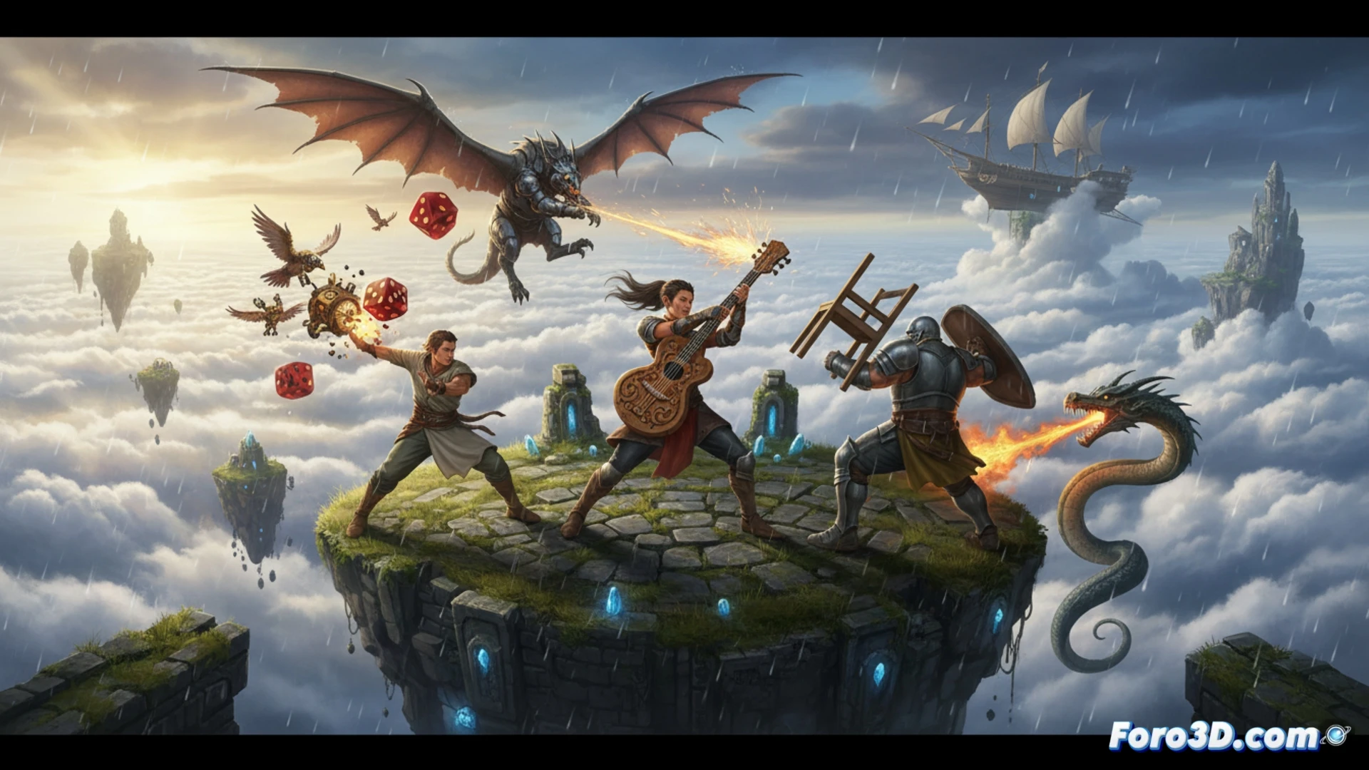 Escena onírica: tres héroes en islas flotantes sobre nubes, uno blandiendo una silla, otro una guitarra, contra monstruos etéreos.