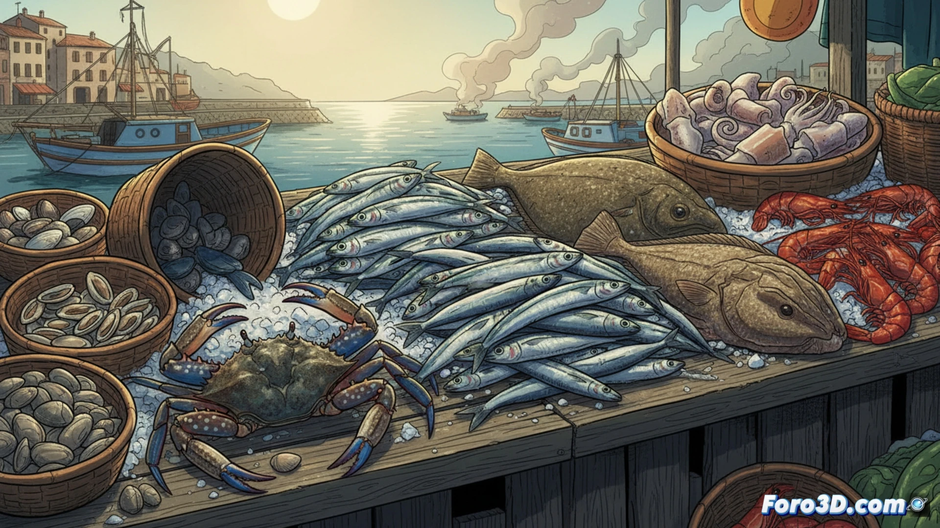 Pescadería en abril con cangrejo azul y pescado de temporada, reflejando los cambios en el ecosistema marino.