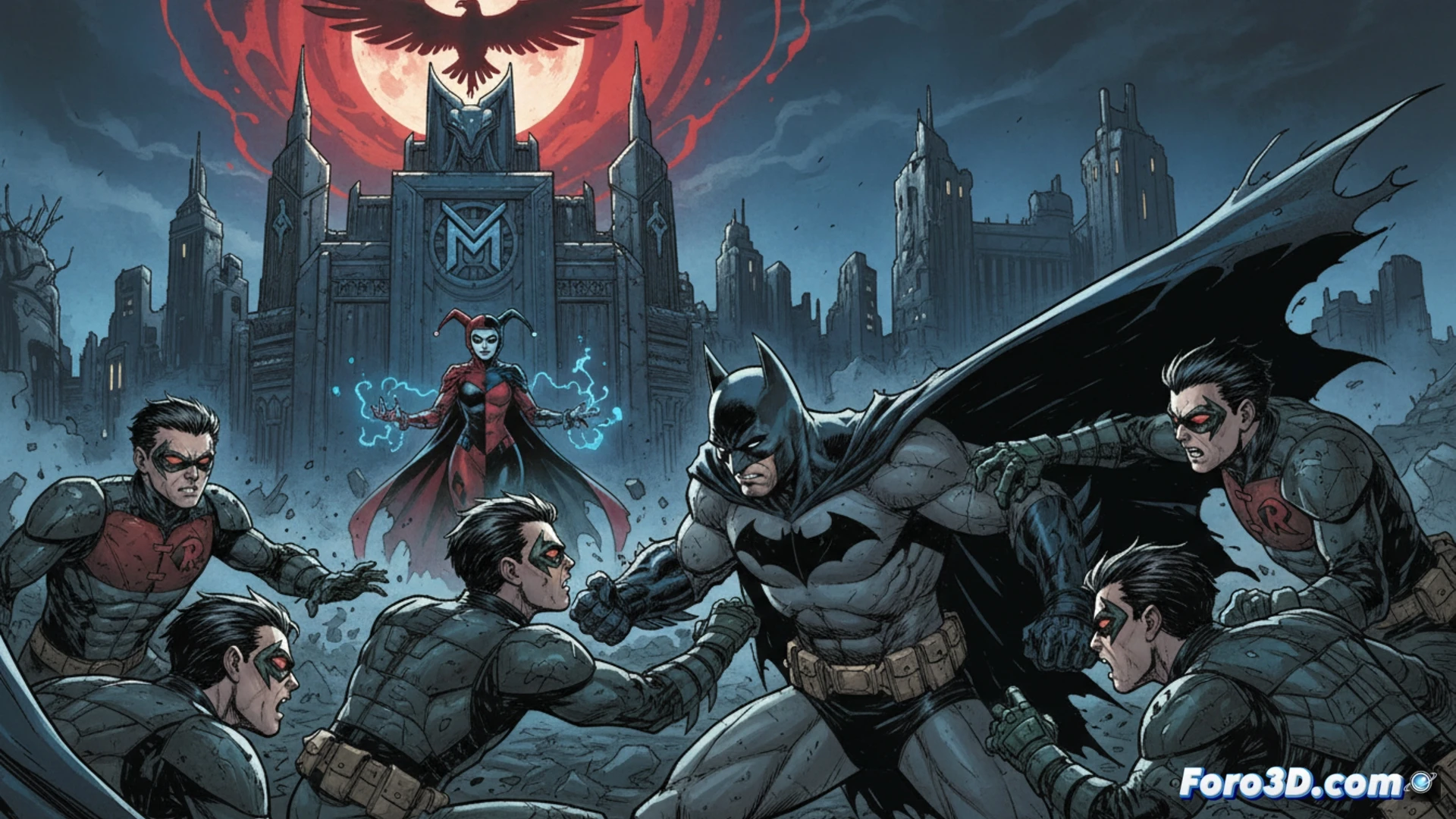 Batalla nocturna en Gotham: Batman enfrenta a Deathstroke y sus Robins, mientras Harley Quinn emerge de Ark M.