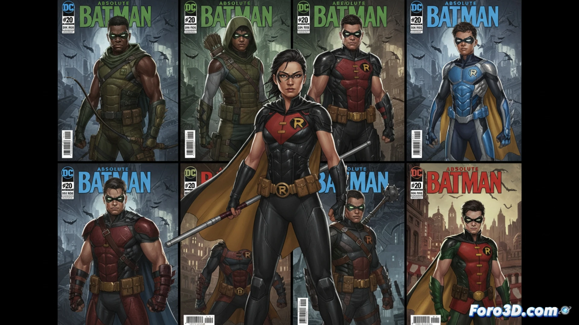Portada variante con múltiples Robins alternativos alineados tras un perfil sombrío de Absolute Batman.