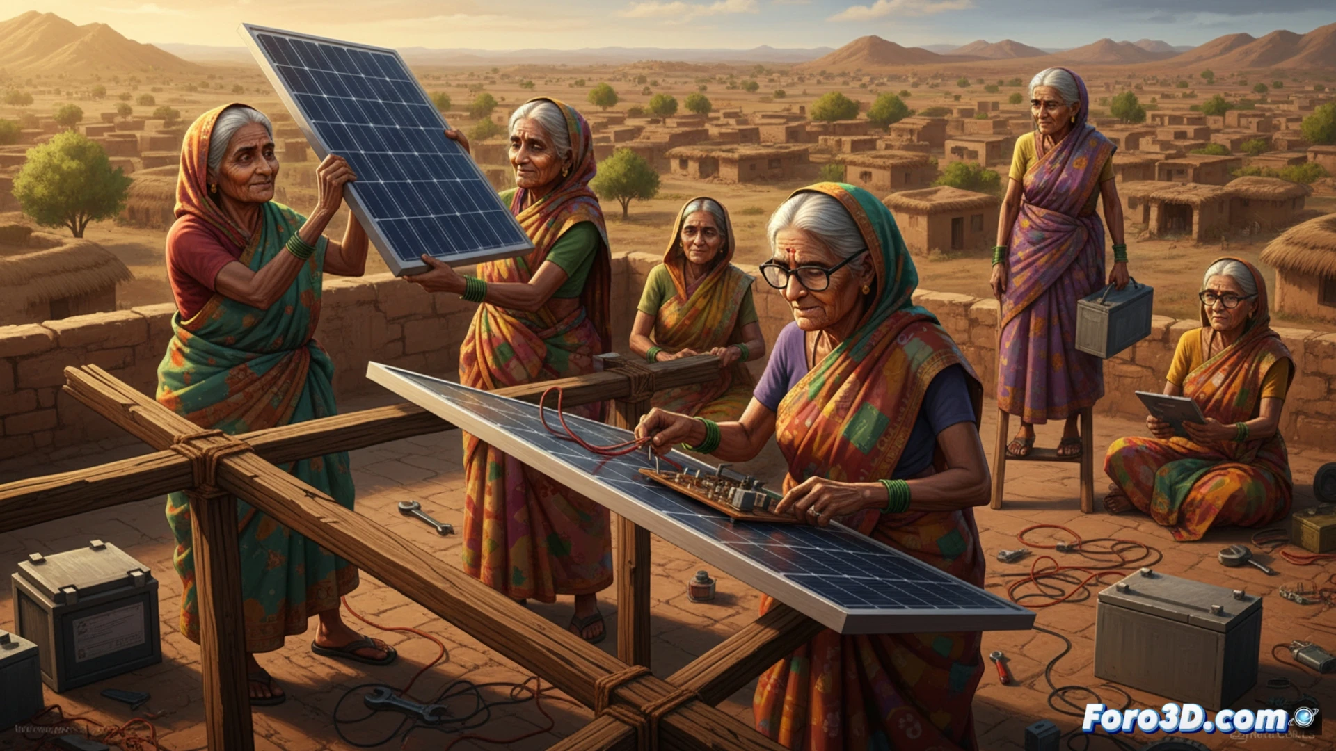 Una abuela mayor instala paneles solares en una aldea rural india al atardecer.