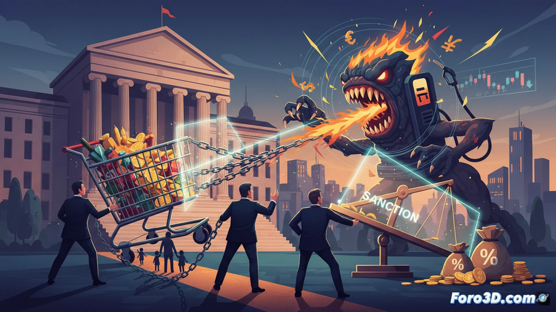 Una familia angustiada frente a estantes con precios inflados y una gran cadena de supermercado al fondo.