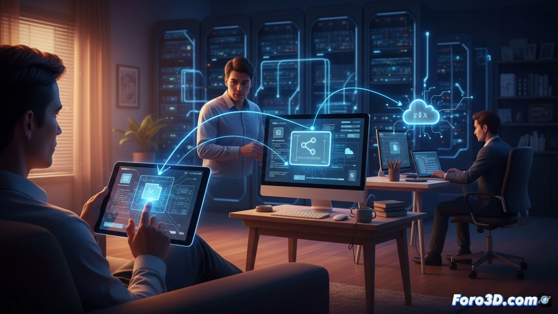 Un usuario sentado frente a un portátil, con un smartphone y una tableta sobre la mesa, mostrando pantallas sincronizadas. Iconos de conexión inalámbrica y un código de acceso flotan sobre el teclado, simbolizando el control remoto sencillo y gratuito desde cualquier lugar.