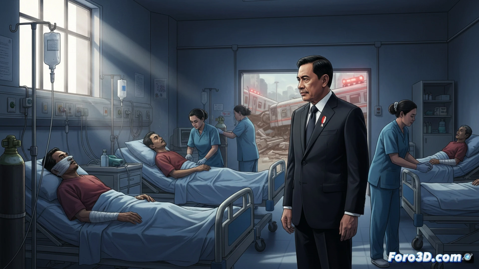 Escena nocturna del choque ferroviario en Yakarta con 14 muertos, heridos y rescate urgente.