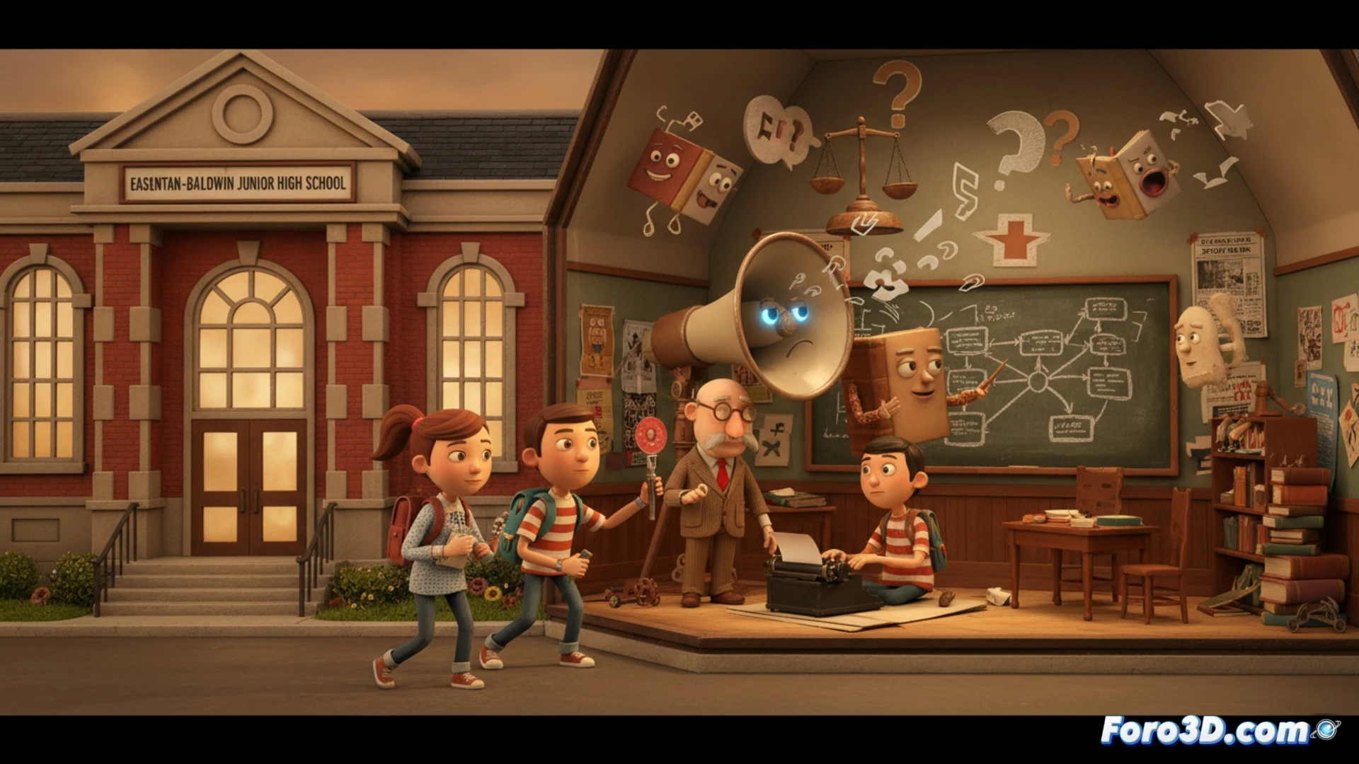 Animación stop-motion: dos estudiantes, Lisa y Aaron, escriben en un periódico escolar mientras exploran derechos civiles.