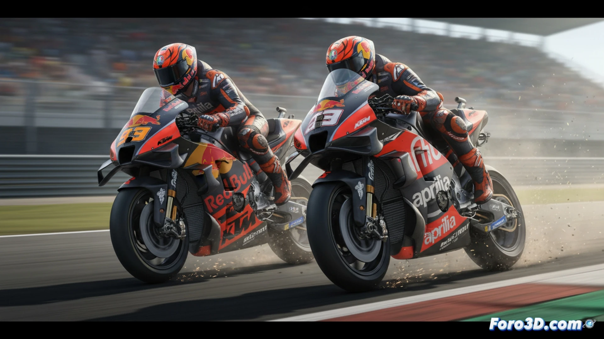 Pedro Acosta analiza en el box la agilidad de una Aprilia, mientras su KTM espera en segundo plano.