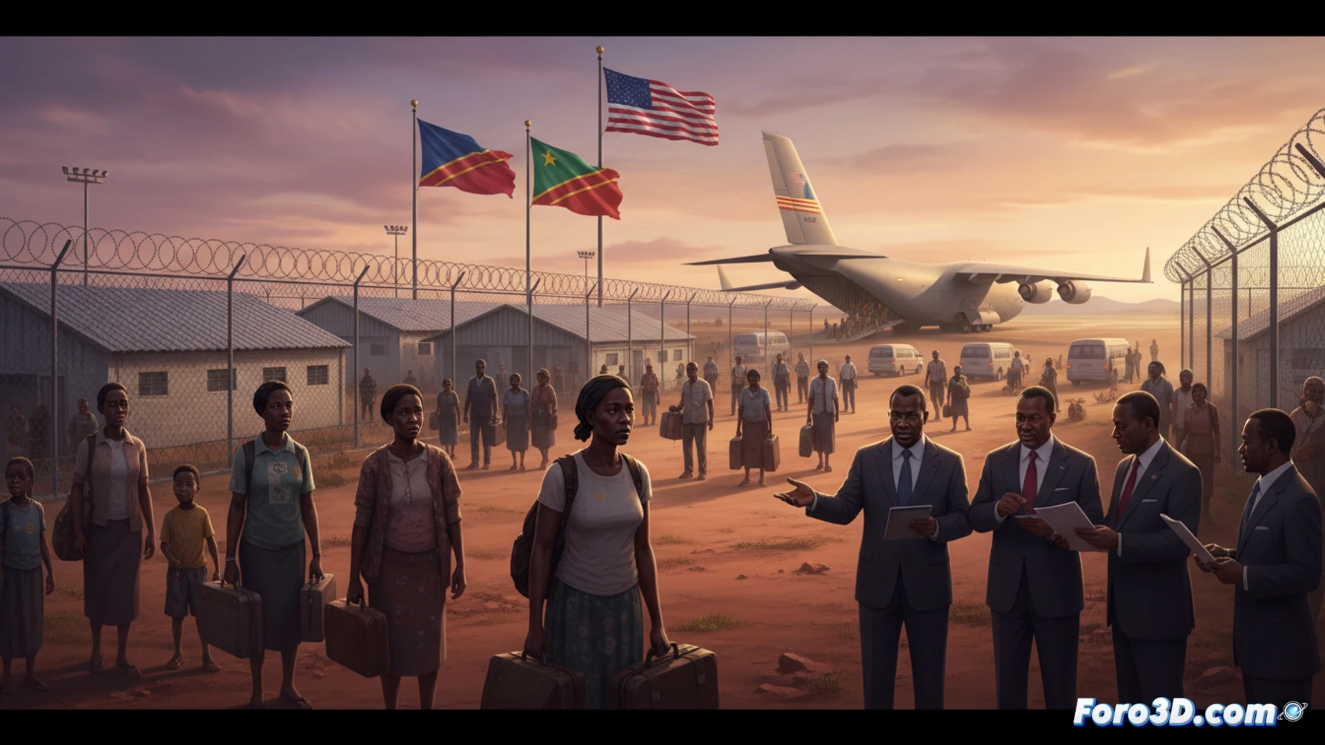 Una fila de personas con maletas espera frente a un avión, con las banderas de EEUU y la RDC ondeando en el fondo.