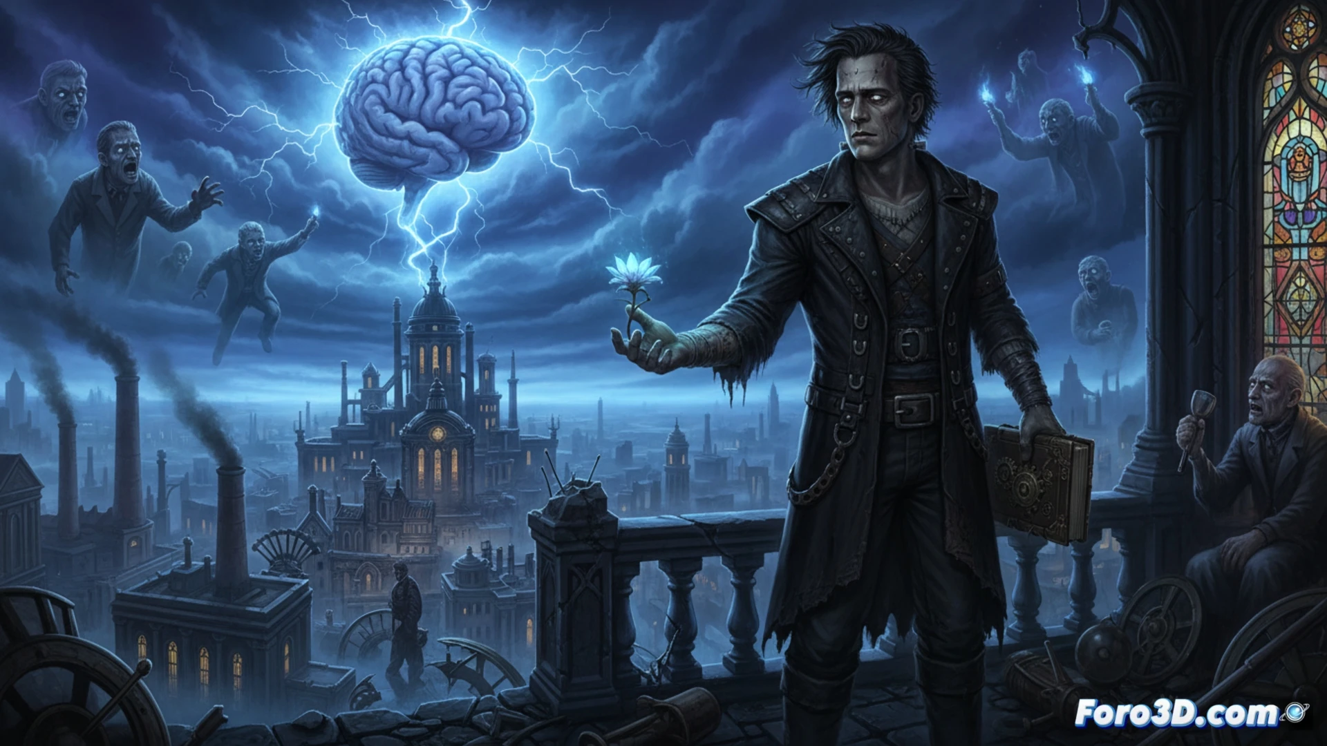 Adam Frankenstein, ser artificial solitario, camina entre sombras urbanas, reflejando rechazo y búsqueda de identidad en el universo de Christopher Chaos.