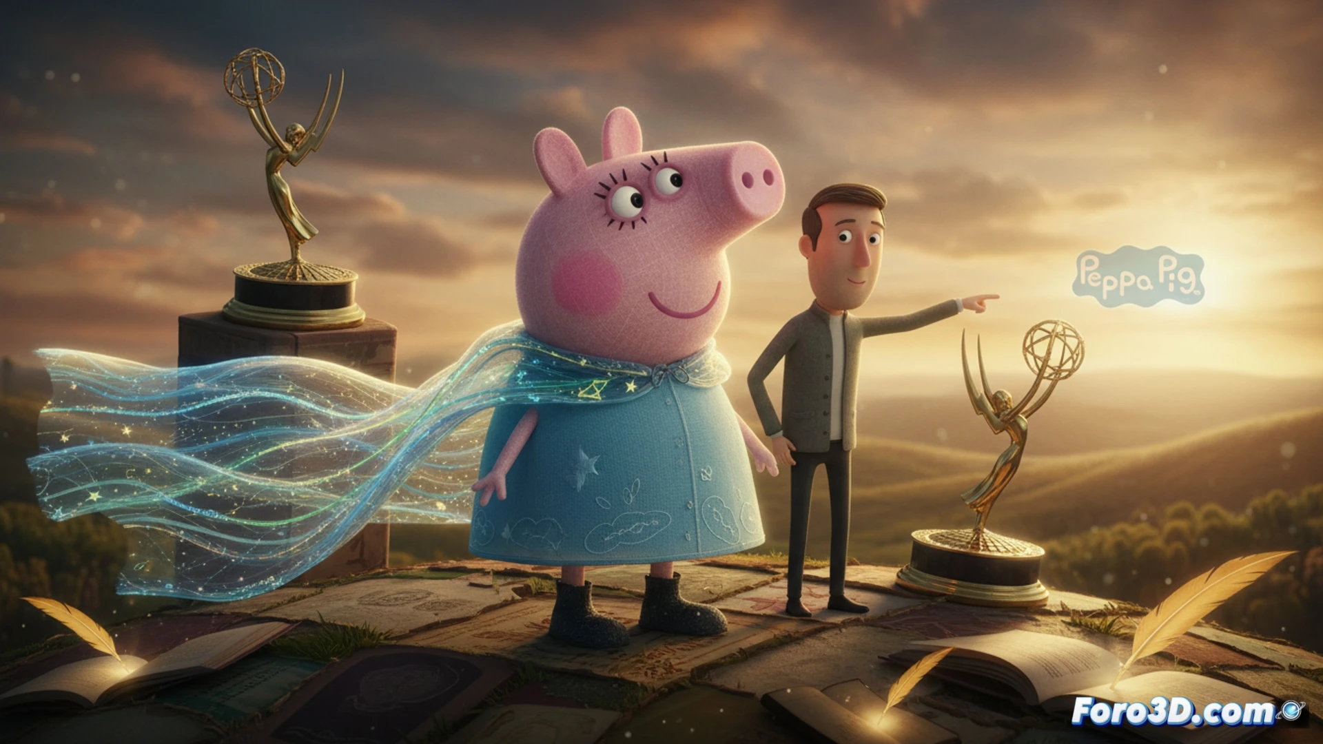 **Descripción detallada:**

Una imagen de Adam Redfern, sonriente y con estilo moderno, sosteniendo un lápiz y un guion. A su lado, una versión animada y amigable de Peppa Pig, en trazo clásico, lo observa con curiosidad. De fondo, un tablero de ideas con bocetos de nuevos personajes y escenarios coloridos para la serie, simbolizando la nueva etapa creativa.

**Descripción (80-120 caracteres):**
Adam Redfern, nuevo showrunner, junto a Peppa Pig. Un tablero de ideas con bocetos de fondo marca el inicio de una nueva etapa creativa.