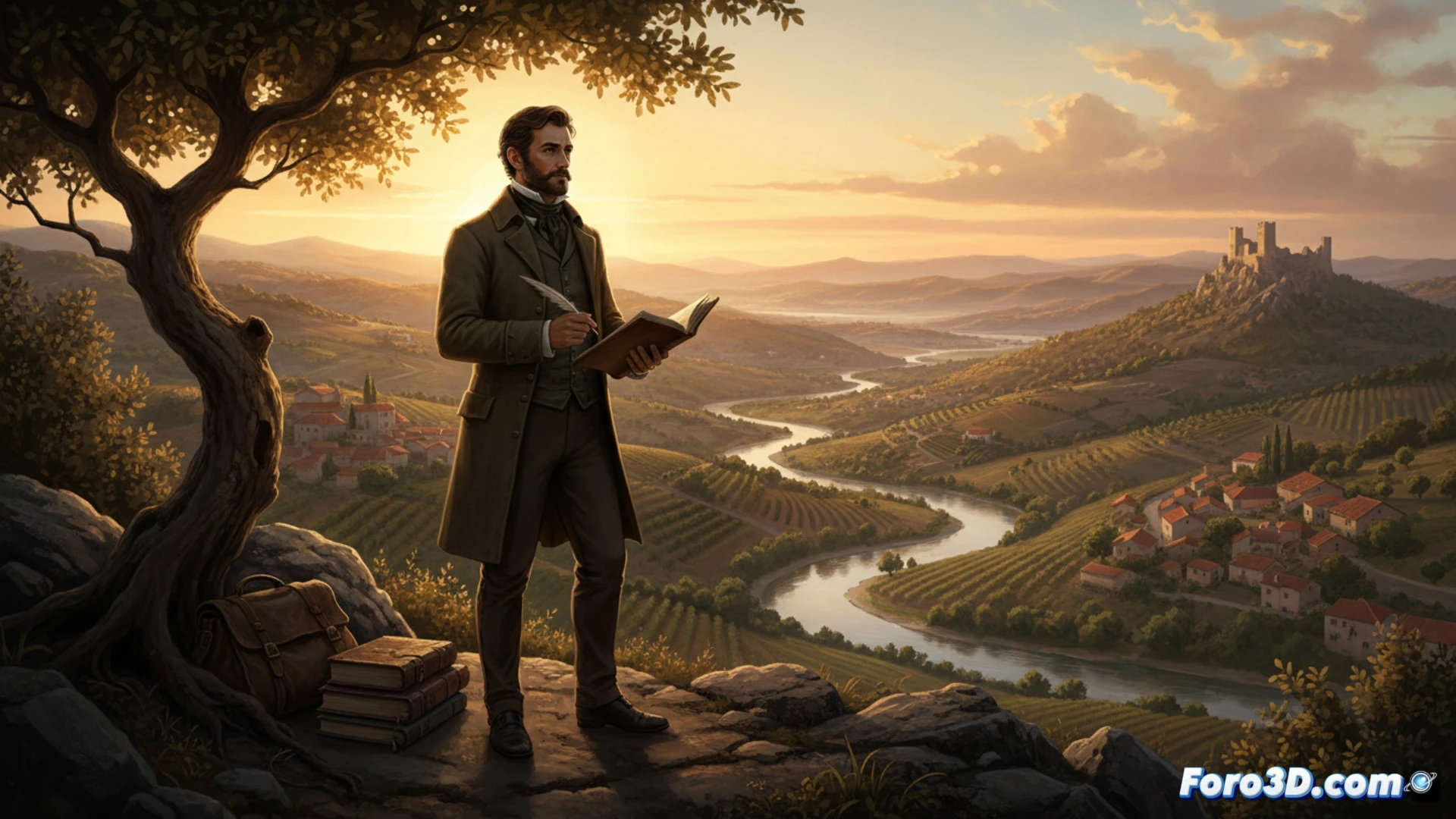 Boceto 3D de una escena dual: carruaje en camino rural y figura romántica en balcón, estilo ilustración.