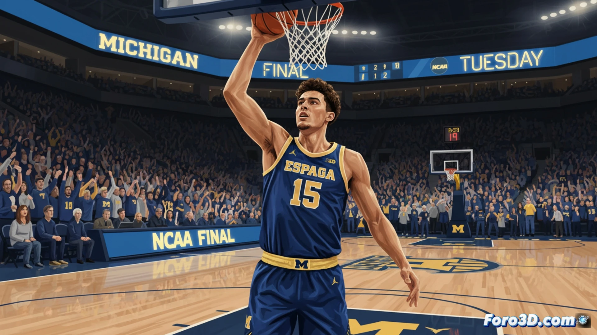 Un pívot español, Aday Mara, elevándose hacia el aro en la final de la NCAA con Michigan.