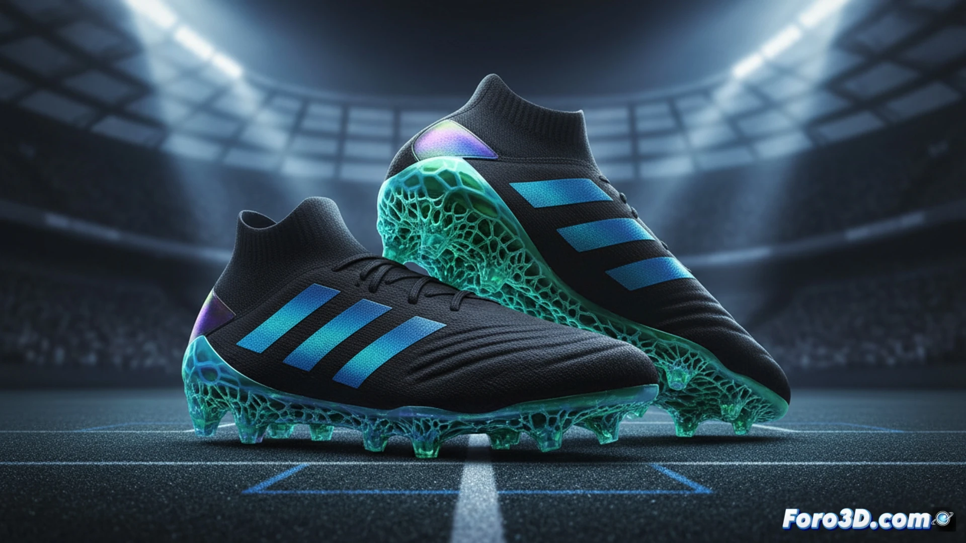 Un primer plano de una bota de fútbol Adidas con una suela de malla compleja e innovadora, impresa en 3D, sobre un fondo de césped artificial.