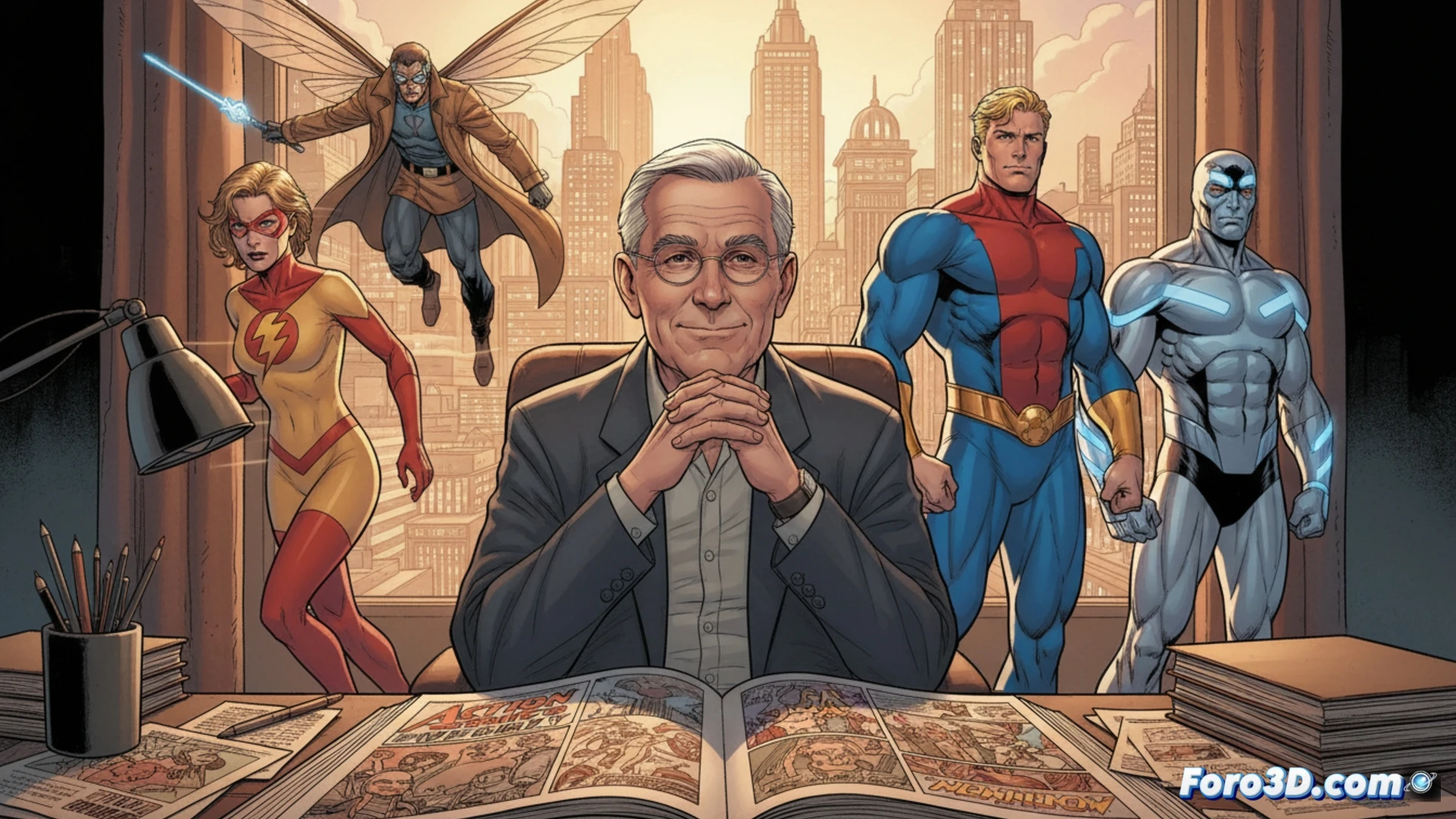 Un retrato sereno de Len Strazewski, con lápices y bocetos de Prime y Starman flotando sobre un fondo de viñetas indie en tonos sepia.