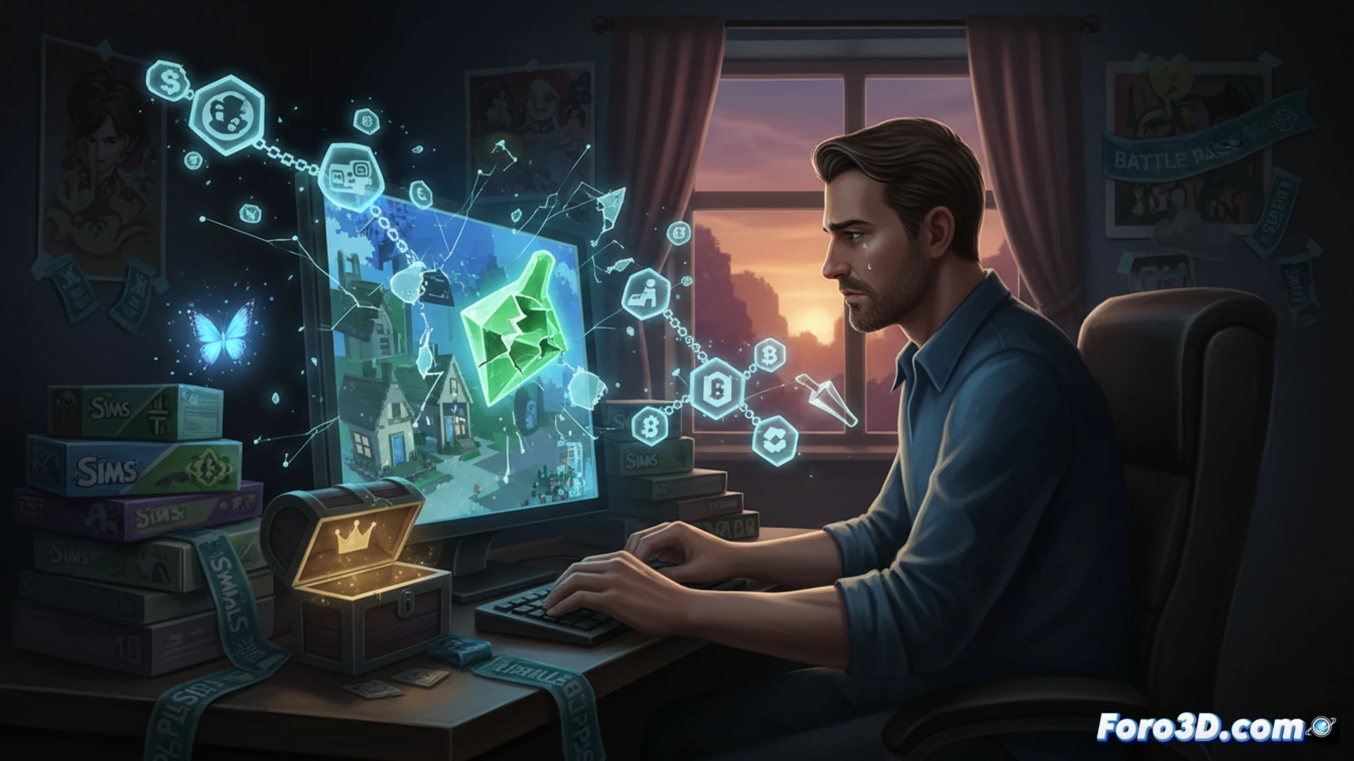 Un monitor muestra Los Sims 4 con ventanas de pases de batalla y compras, mientras una figura abandona la habitación.