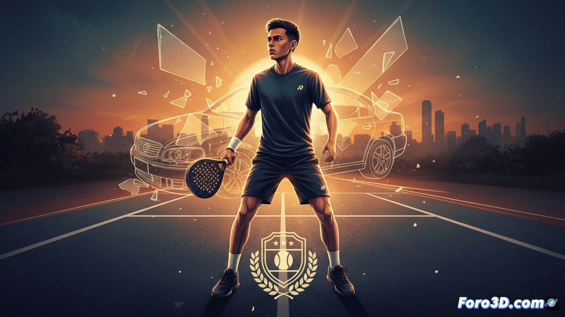 Calle vacía en Tegucigalpa al atardecer, con un vehículo accidentado y una raqueta de pádel en el asiento del copiloto, bajo un cielo nublado y melancólico.