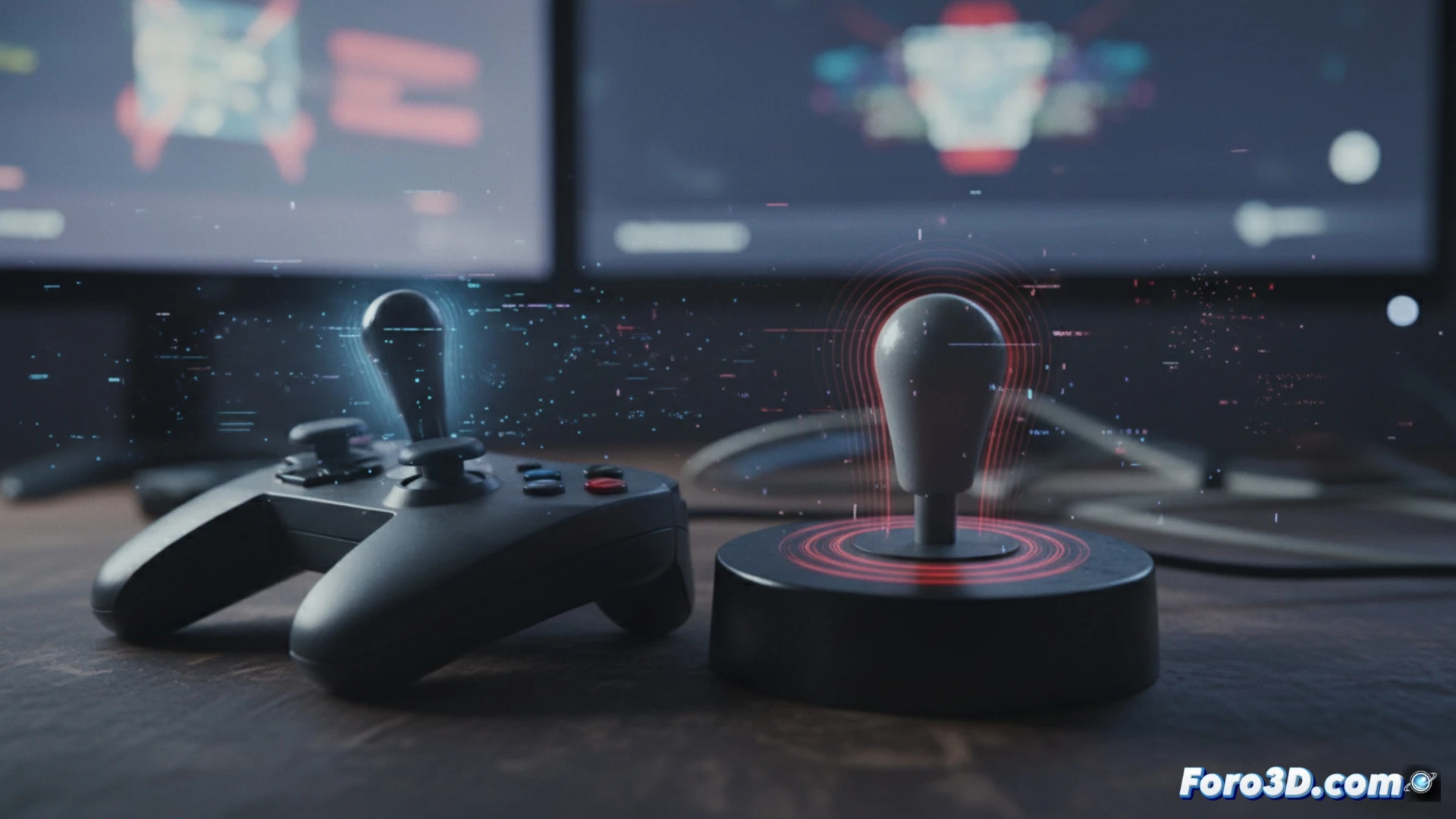 Un mando de consola en primer plano, con joystick desgastado y rayas de movimiento fantasma, sobre fondo oscuro y partículas de polvo.