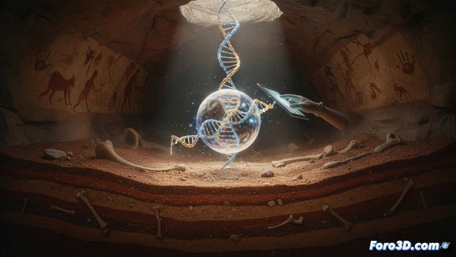 Una mano sostiene tierra de cueva con partículas de ADN antiguo brillando entre los dedos.