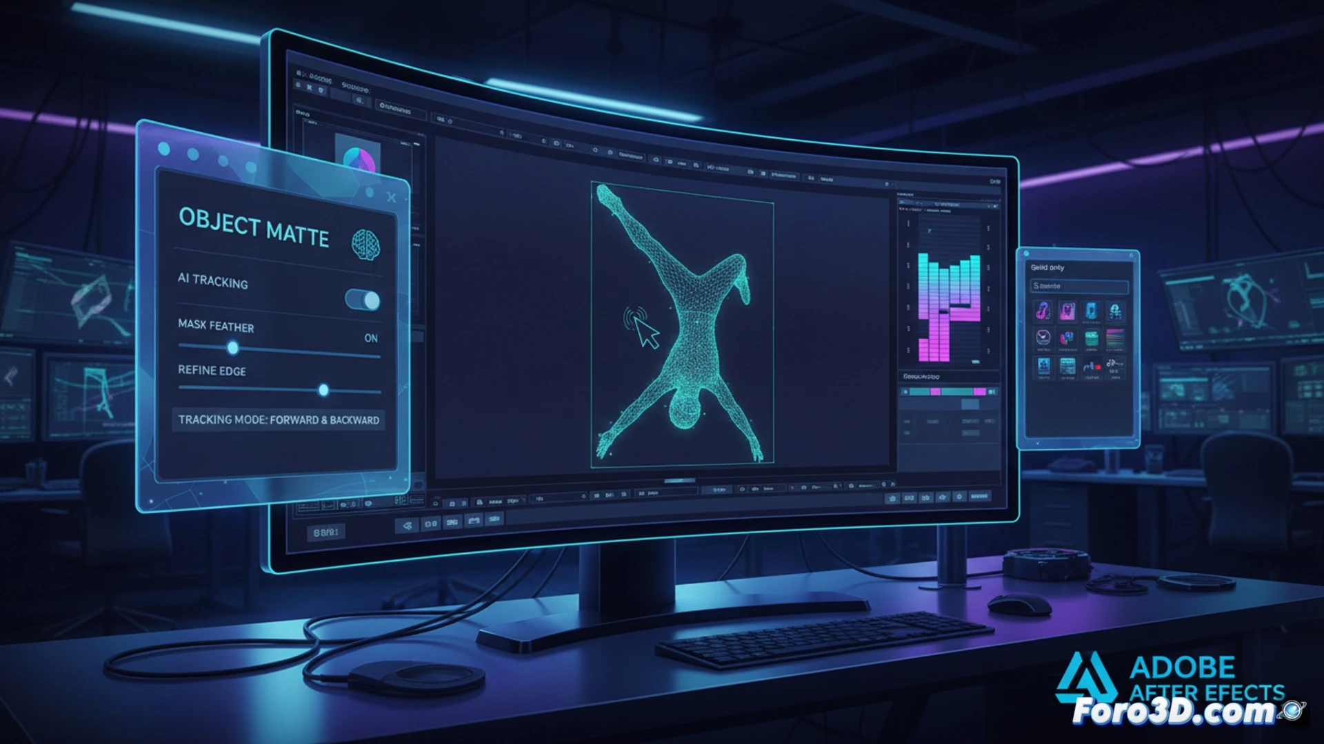 Una interfaz de After Effects mostrando una máscara automática generada por IA alrededor de un objeto en movimiento en un video.