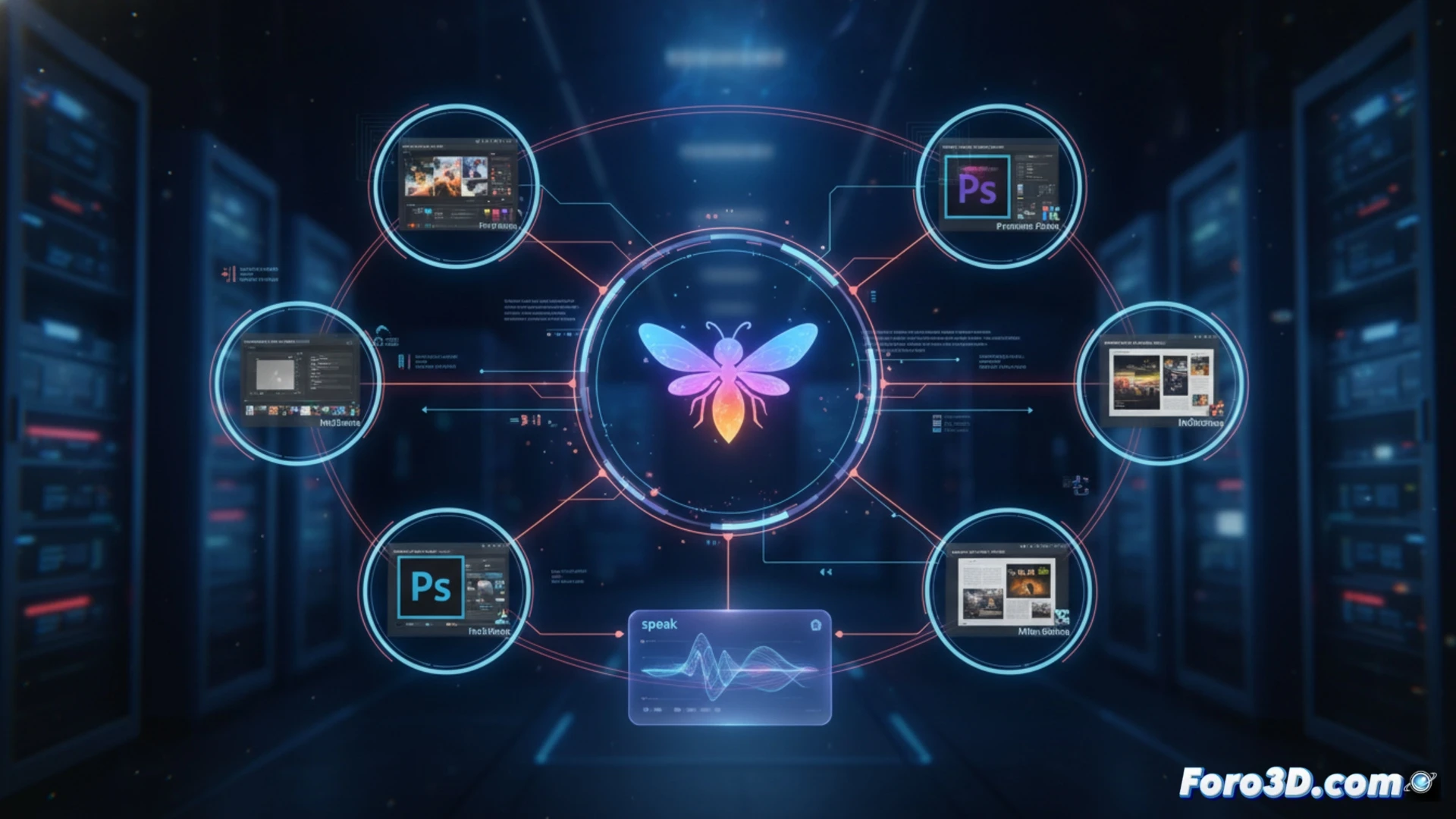Una interfaz con un asistente conversacional que centraliza y coordina tareas entre Photoshop, Premiere y otras apps de Adobe.
