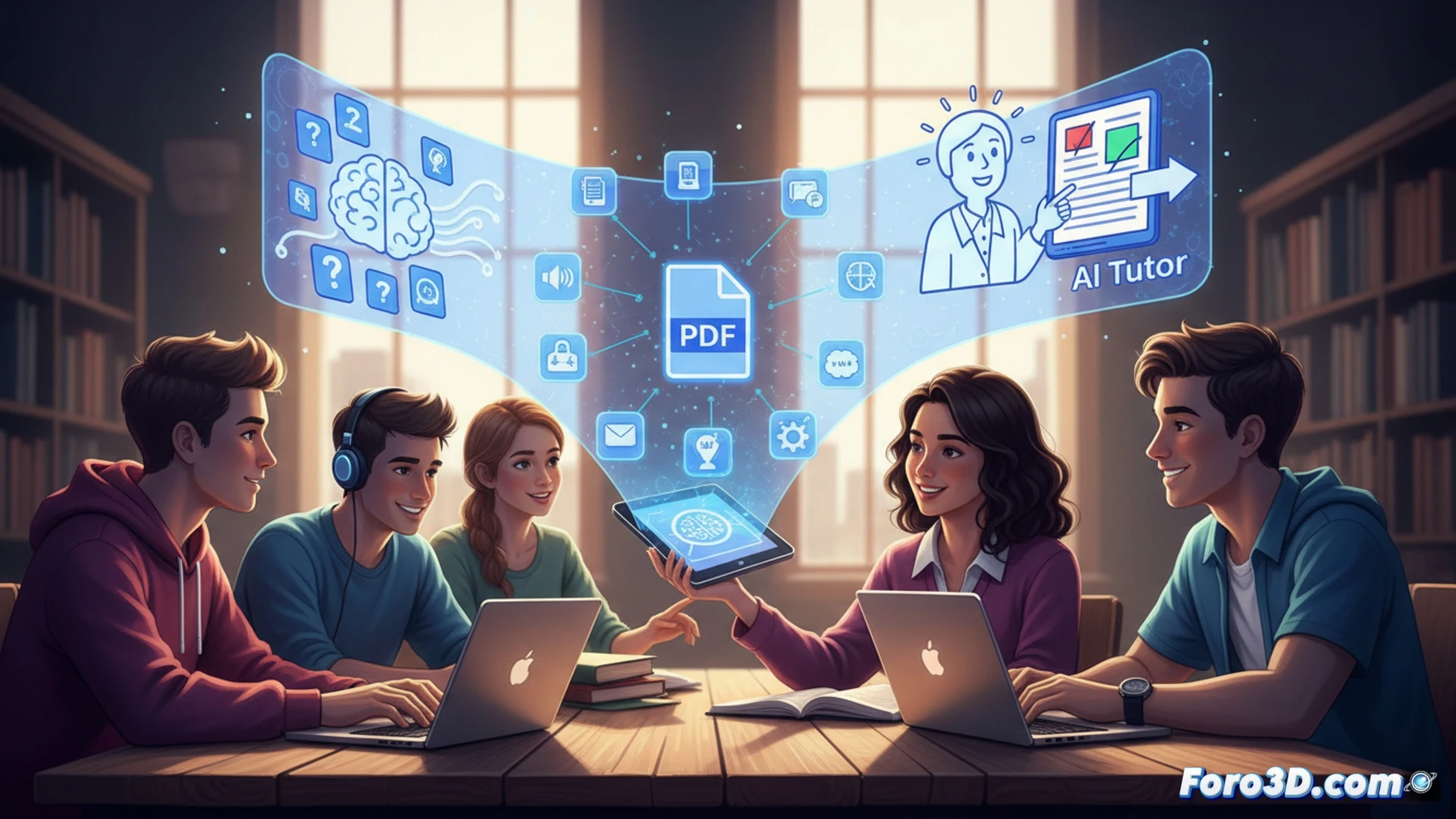 Una estudiante usa su laptop con la interfaz de Acrobat Student Spaces, mostrando tarjetas de estudio y un chat con el tutor de IA.