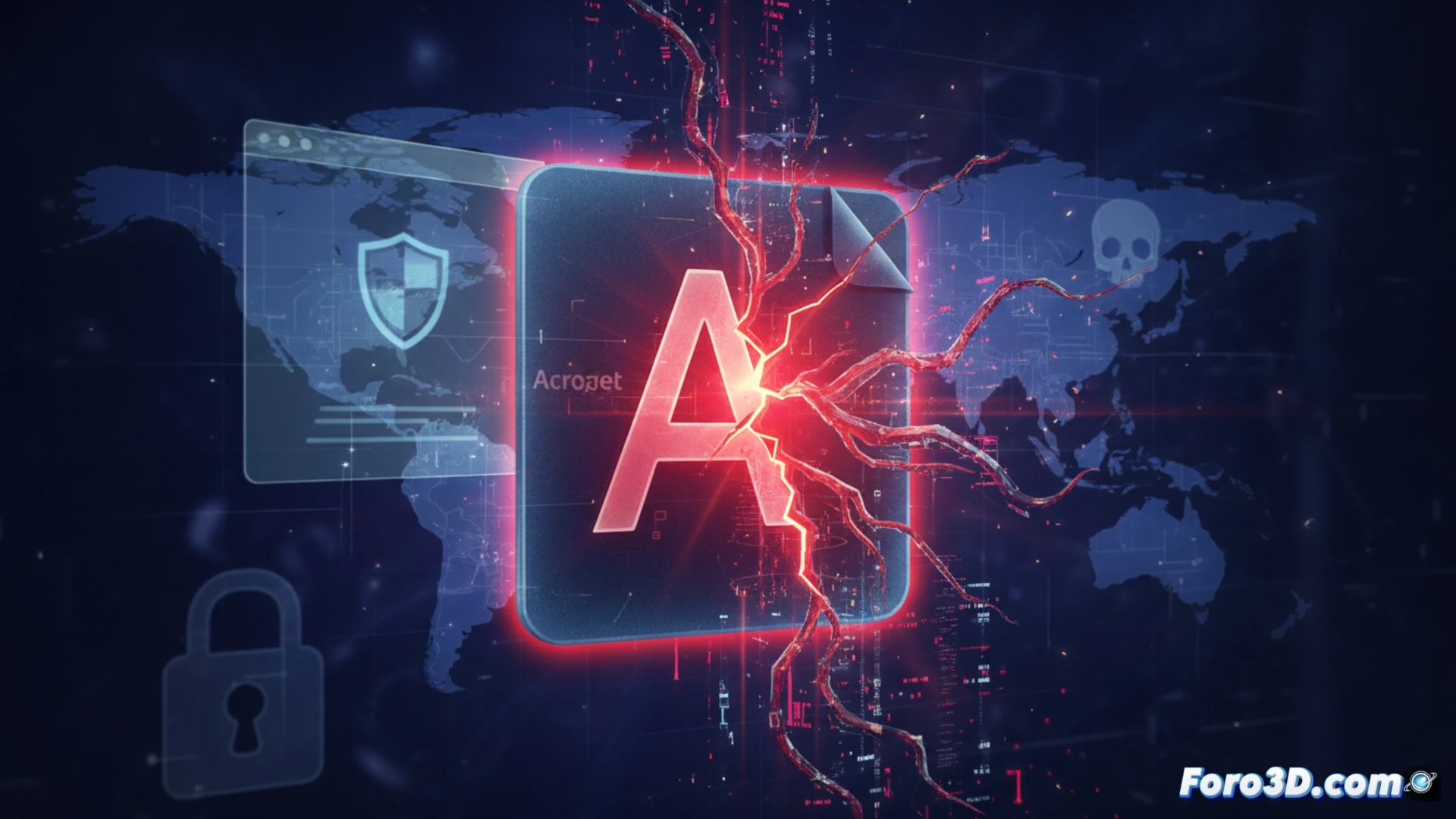 Una computadora muestra una ventana de Adobe Acrobat con un símbolo de advertencia y un escudo de parche de seguridad sobre ella.