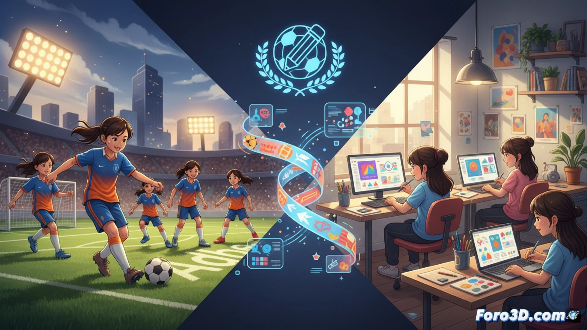 Una niña juega al fútbol mientras edita un póster digital en una tablet, rodeada de compañeras.