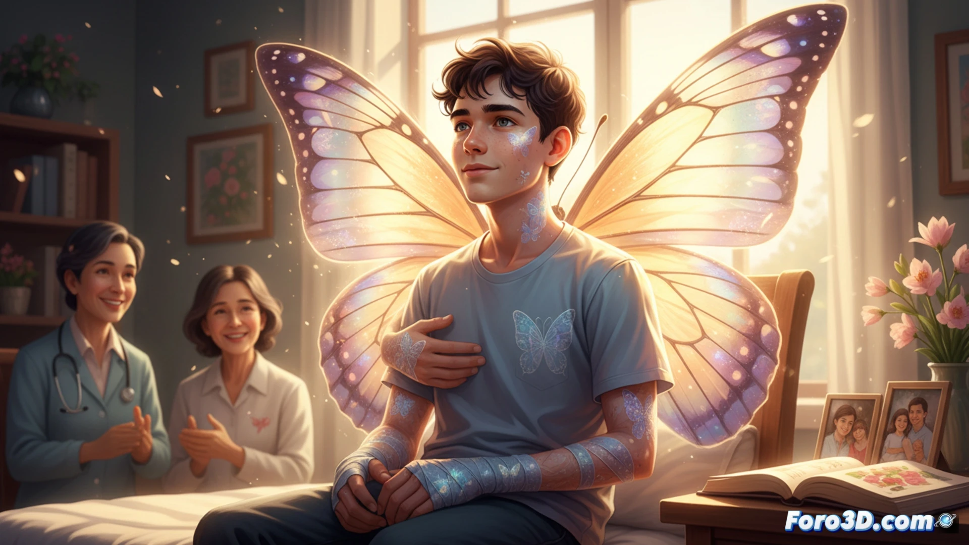 Adrián Soto sonríe con esperanza mientras su familia lo envuelve en vendajes suaves, su piel frágil brilla bajo la luz tenue de la habitación.