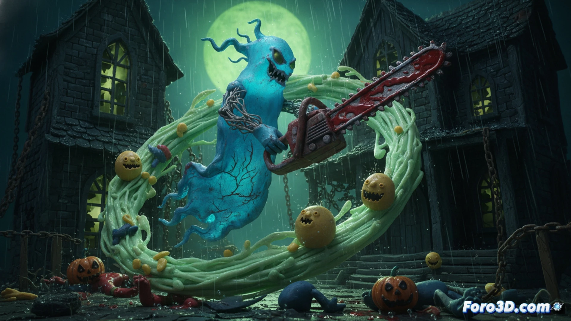 Un fantasma de arcilla sangriento blande una motosierra en un corto de terror stop-motion, con el logo de Adult Swim al fondo.