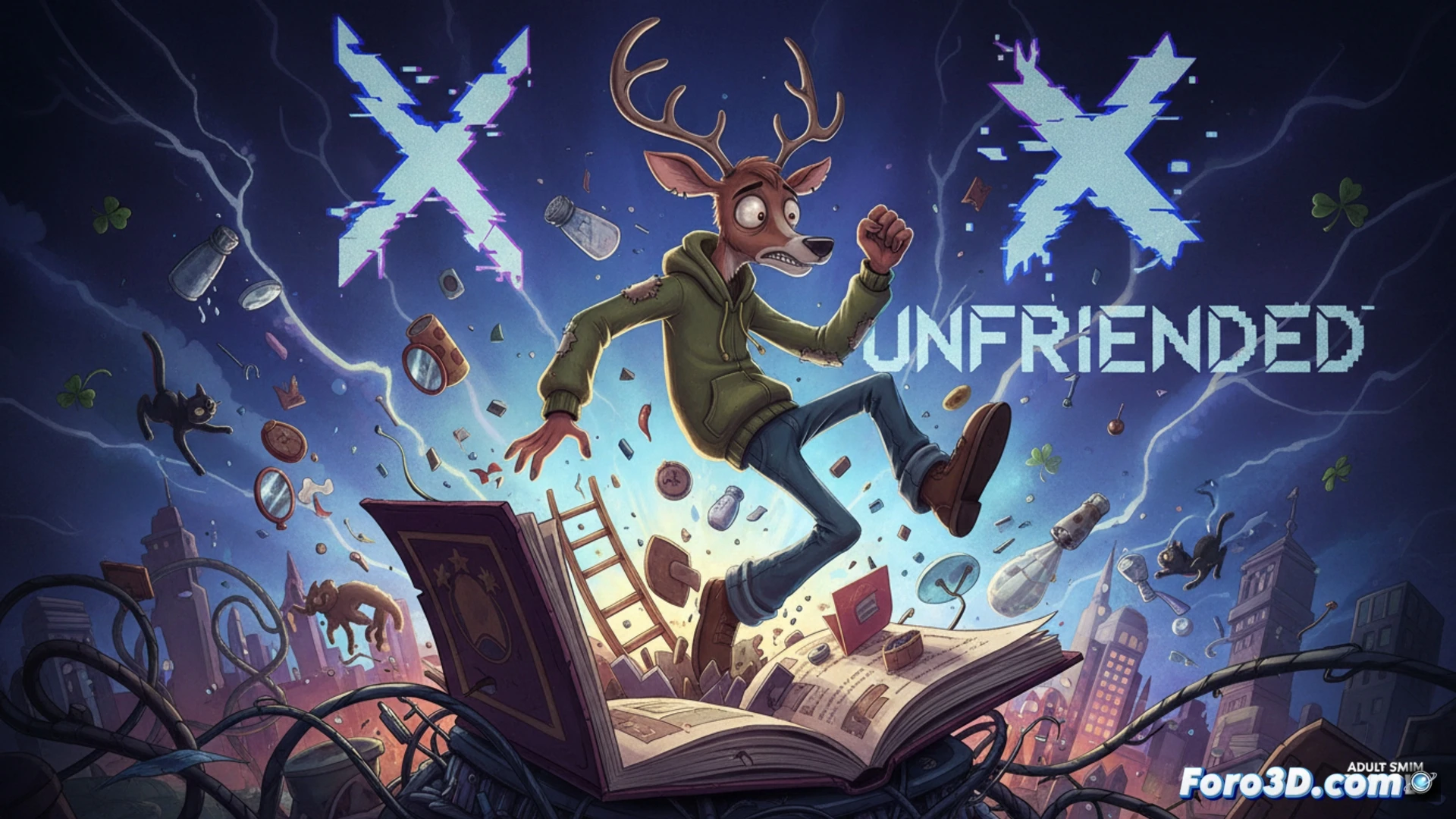 Un Buck con pésima suerte lucha contra una ventana emergente digital que se materializa físicamente en su mundo, causando caos y frustración cómica.