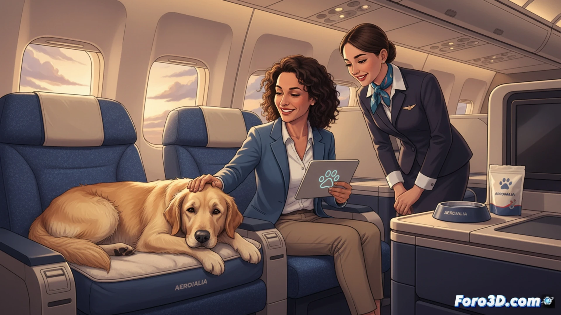 Un perro grande descansa en el suelo de la cabina de un avión, junto a los pies de su dueño, sin transportín.