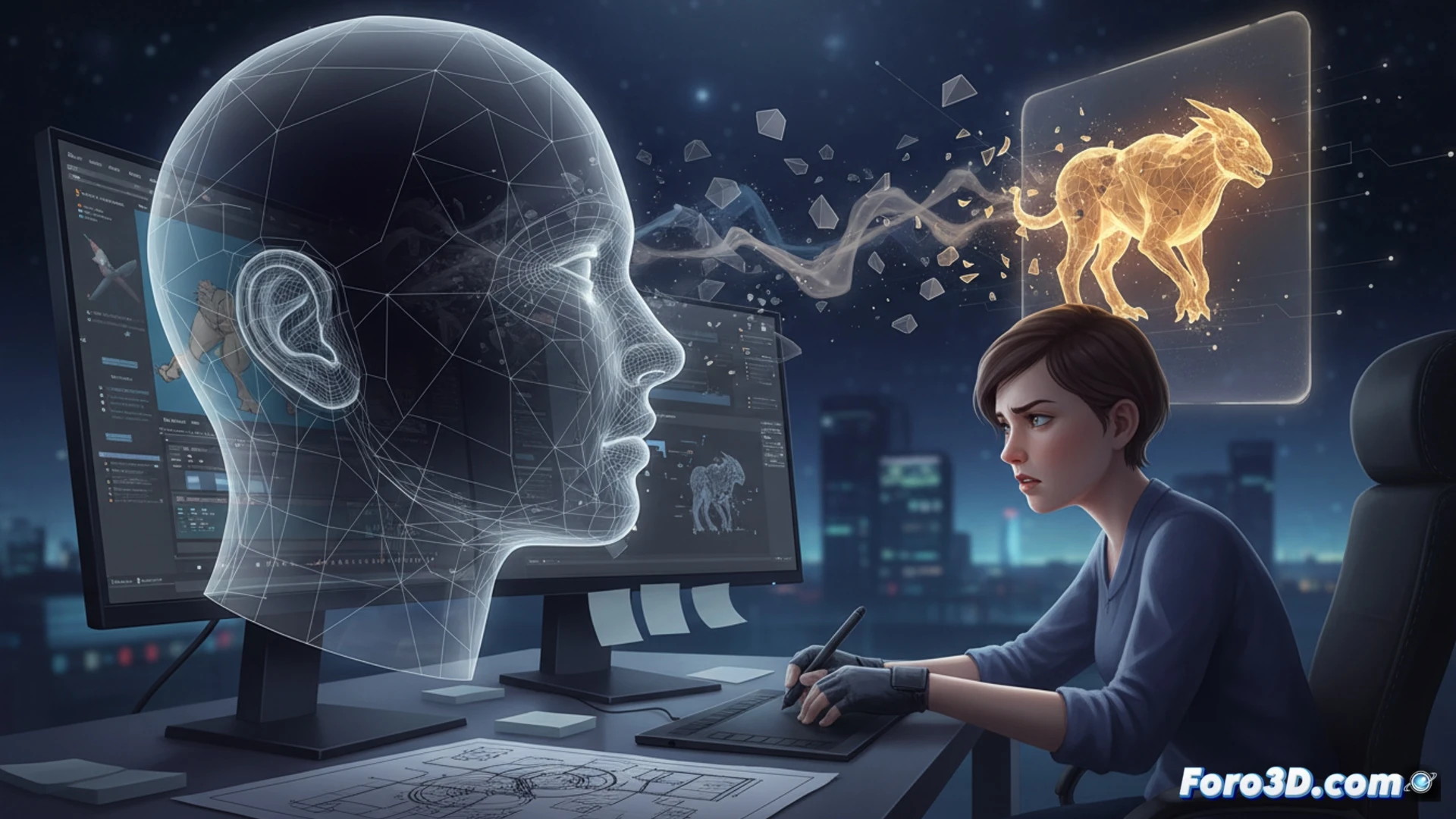 Una persona frente a un monitor 3D, con su reflejo mostrando un lienzo mental vacío en lugar de la escena renderizada.