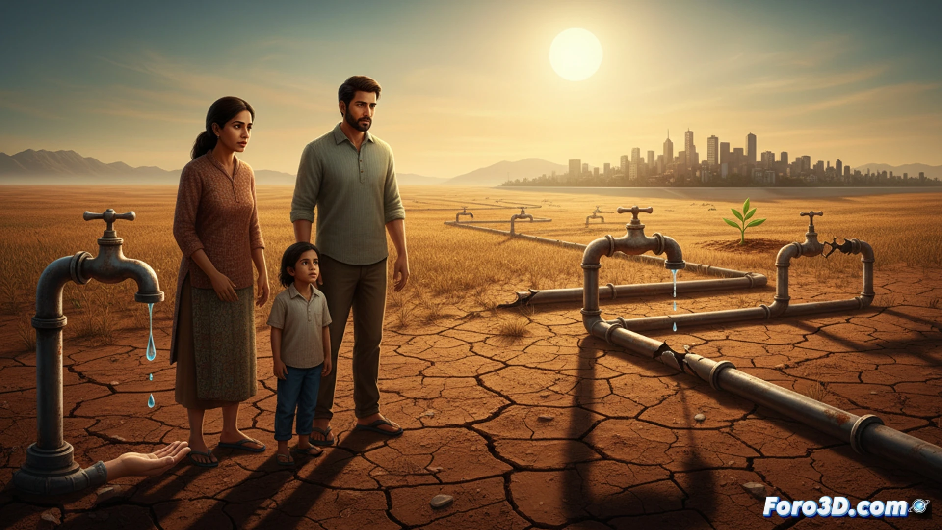 Una mujer llena una jarra en un grifo con caudal mínimo, mientras al fondo, campos secos contrastan con un niño regando una maceta.