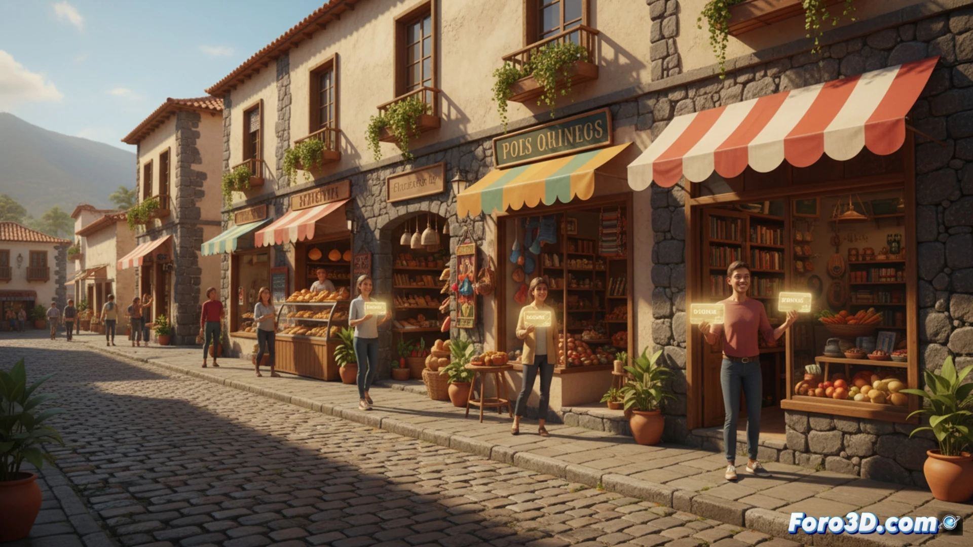 Una persona canjea un bono municipal en un comercio local de Agüimes, con otros establecimientos participantes al fondo.