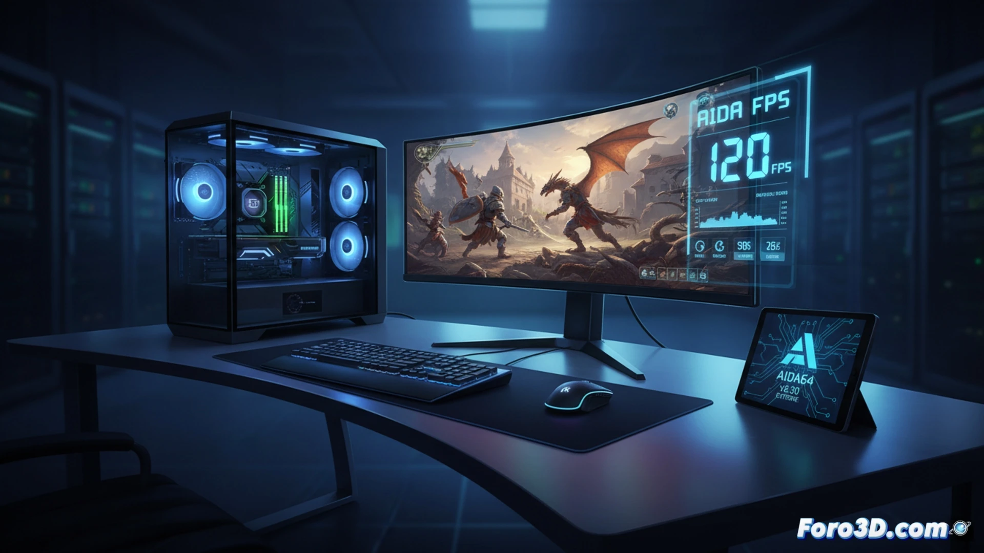 Primer plano de un monitor gaming con un overlay translúcido de AIDA64 mostrando FPS en tiempo real, sobre un juego de carreras en DirectX 12.